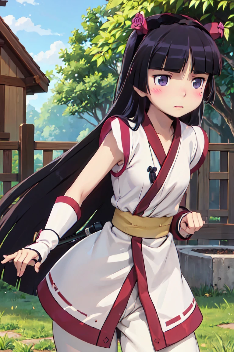 ((ruri gokou)), 1 Female, solo, malaise, bow, hair band, ainu clothes, fingerless gloves , short sleeves, Hime cut, Black Hair, Long Hair, mole, blush, garden, full body