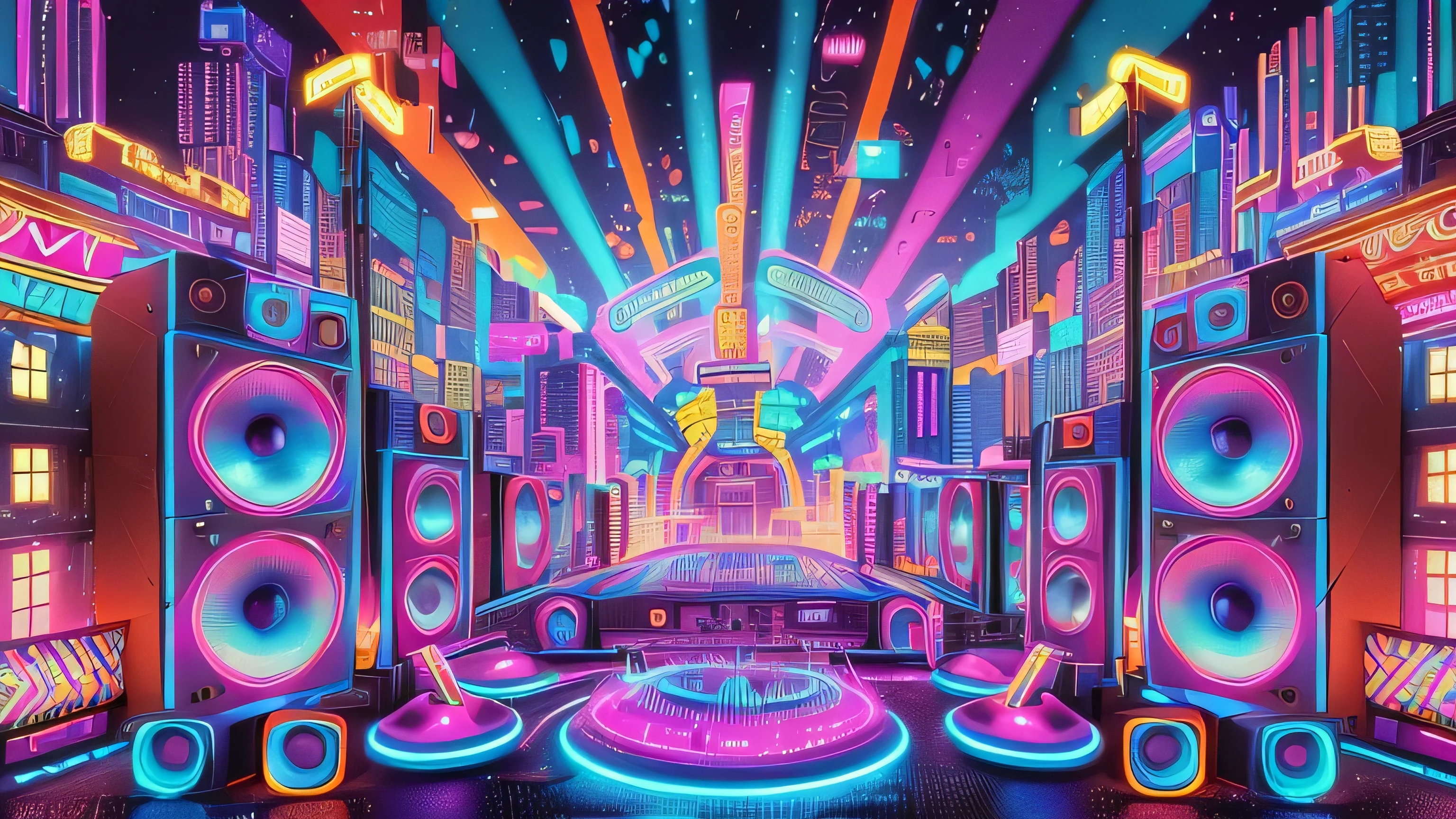 a colorful neon city scene with speakers and lights, epic retrowave art, 8 0's airbrush aesthetic, rave , synthwave art, dreamy colorful cyberpunk colors, background artwork, colorful concept art, synthwave city, retrowave epic art, rave background, masterpiece epic retrowave art, synthwave art style, colorful anime movie background, synthwave aesthetic