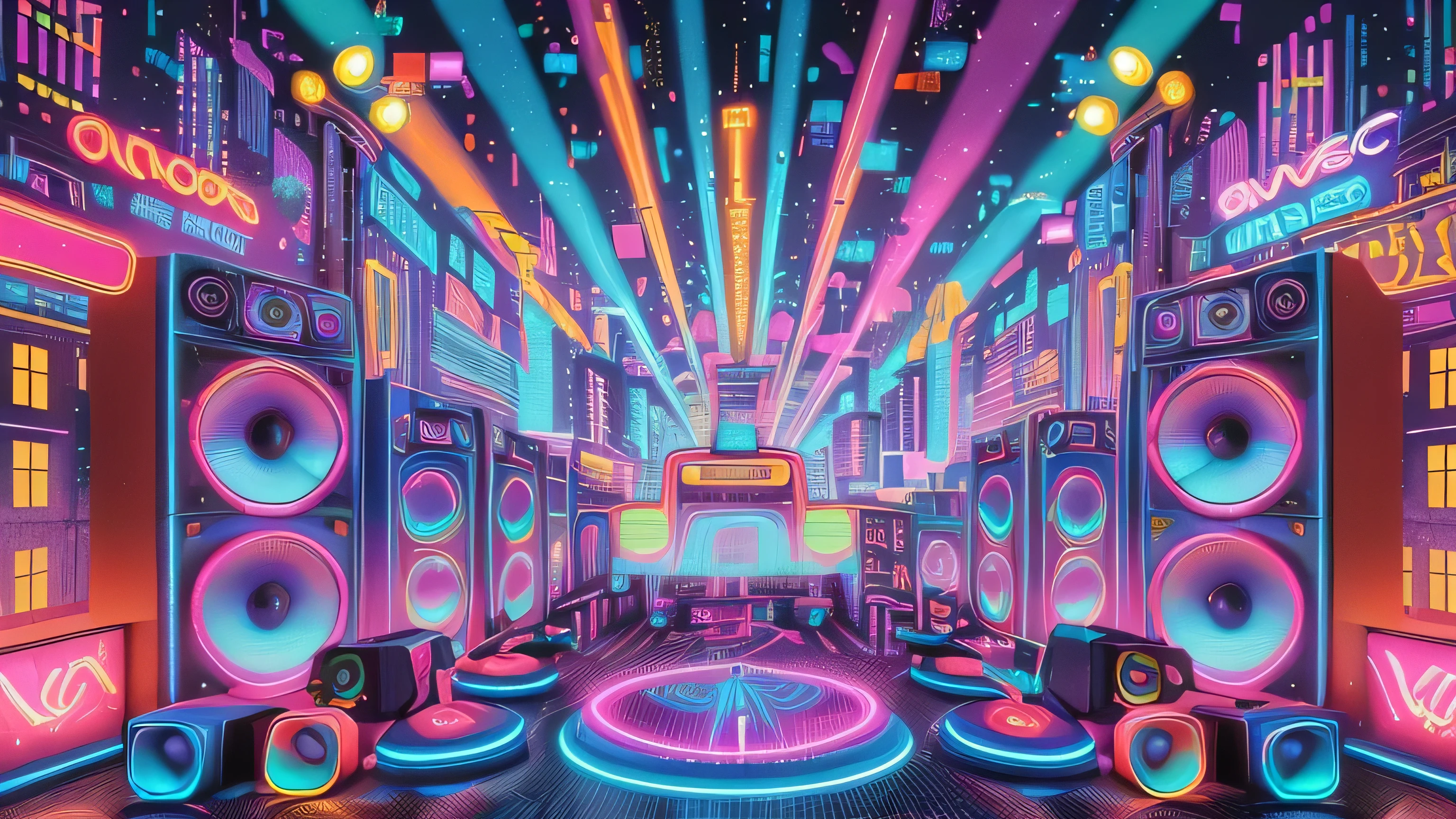 a colorful neon city scene with speakers and lights, epic retrowave art, 8 0's airbrush aesthetic, rave , synthwave art, dreamy colorful cyberpunk colors, background artwork, colorful concept art, synthwave city, retrowave epic art, rave background, masterpiece epic retrowave art, synthwave art style, colorful anime movie background, synthwave aesthetic