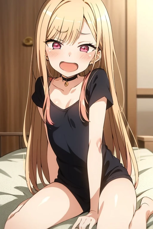 ((Best Quality)), ((masterpiece)), (be familiar with), Perfect Face, indoor, bedroom, Watching the audience,
One woman, Kitagawa Marin,
Open Mouth, Ecstatic expression, blush, smile,
Small breasts, Flat Chest, , , child, Girl,
Long Hair, Long Hair,
Leg spread,