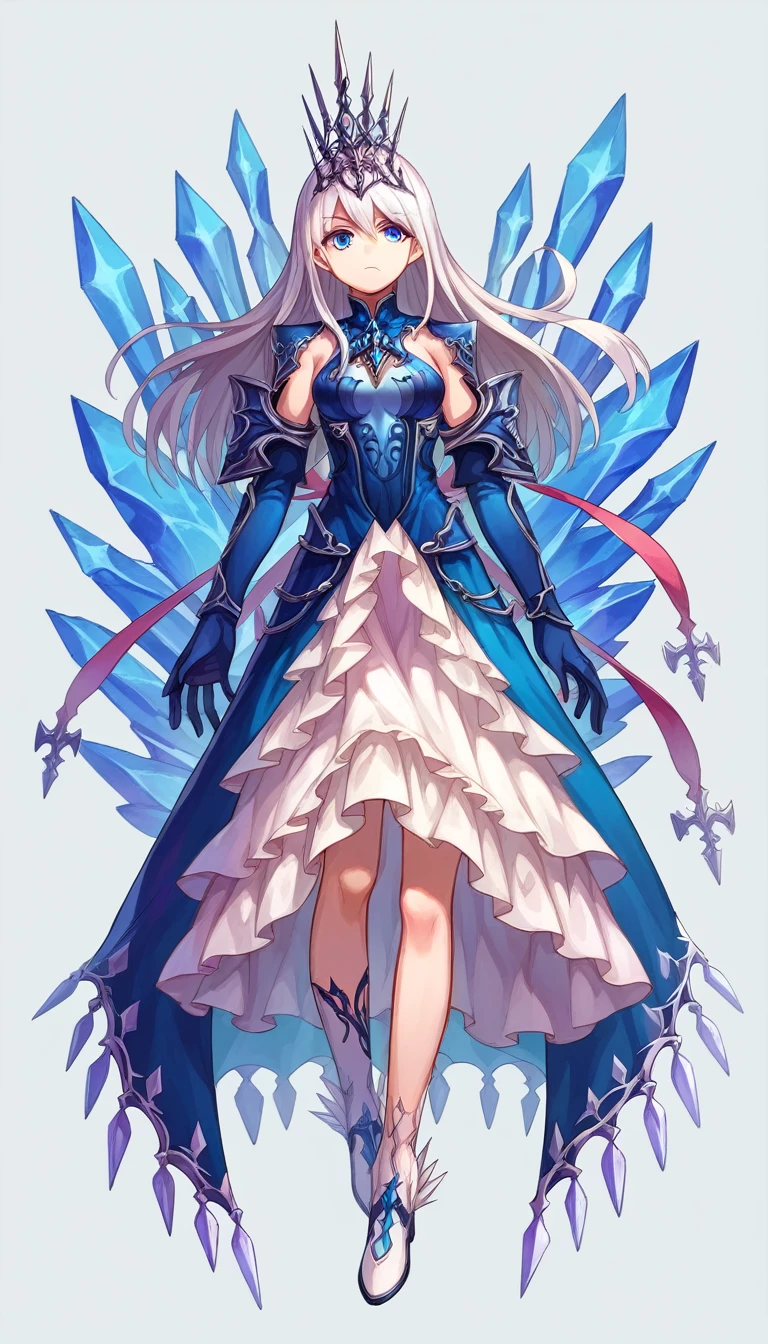 ((full body photo)),  score_9, score_8_up, score_7_up, score_6_up, score_5_up, score_4_up, BREAK source_anime,explicit,
edgShiva,white hair,crown of ice,dress,armor blue eyes, gloves, full body
 