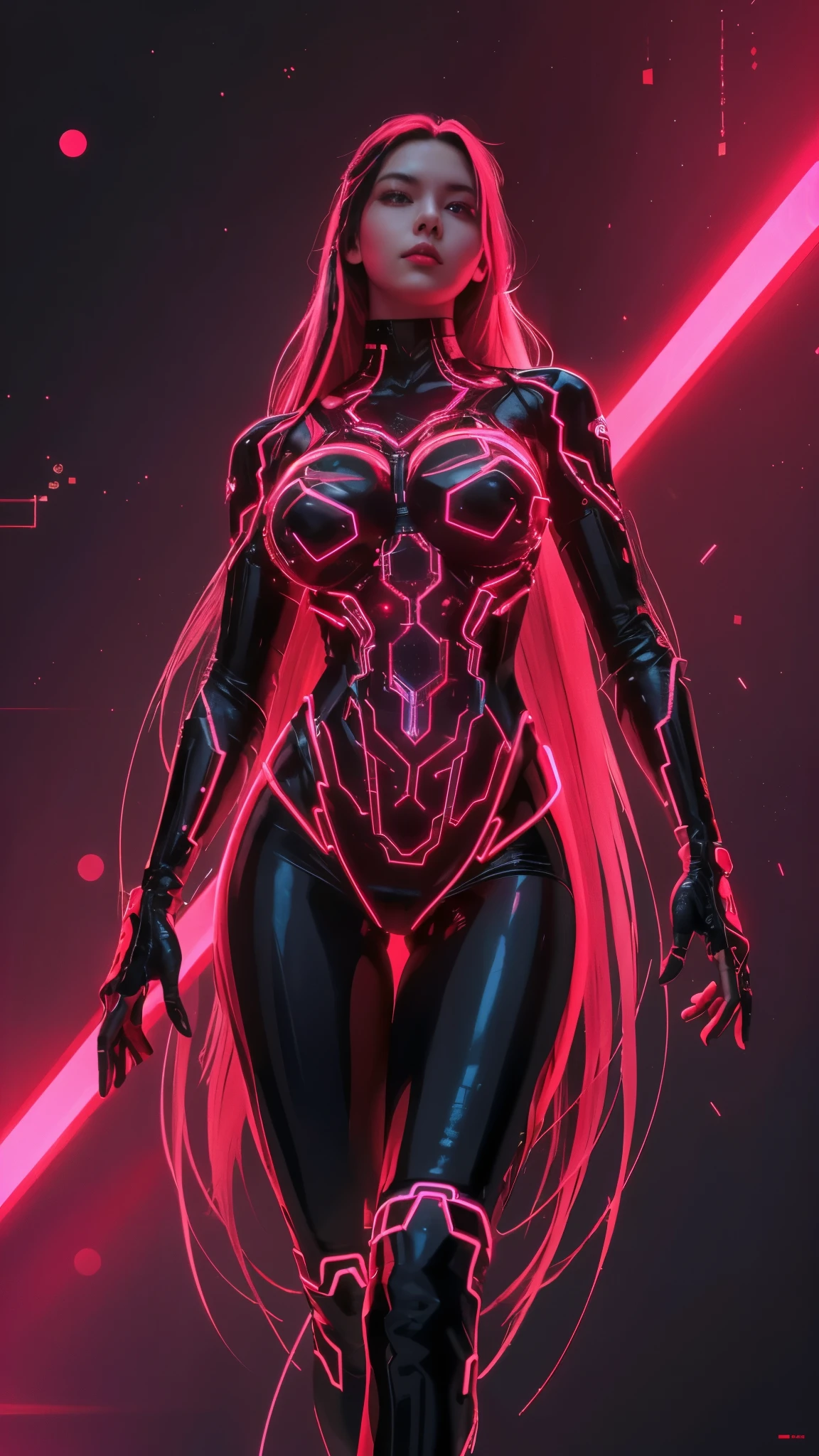 girl, her body made of glass, huge breasts, sparkling lights, futuristic, complex composition, super magical circuit integrated with her body, glowing circuit, energetic light spreads, (best quality, masterpiece, detailed:1.2), (black and red colors:1.2), (long neon hair:1.2), (lasers:1.2),