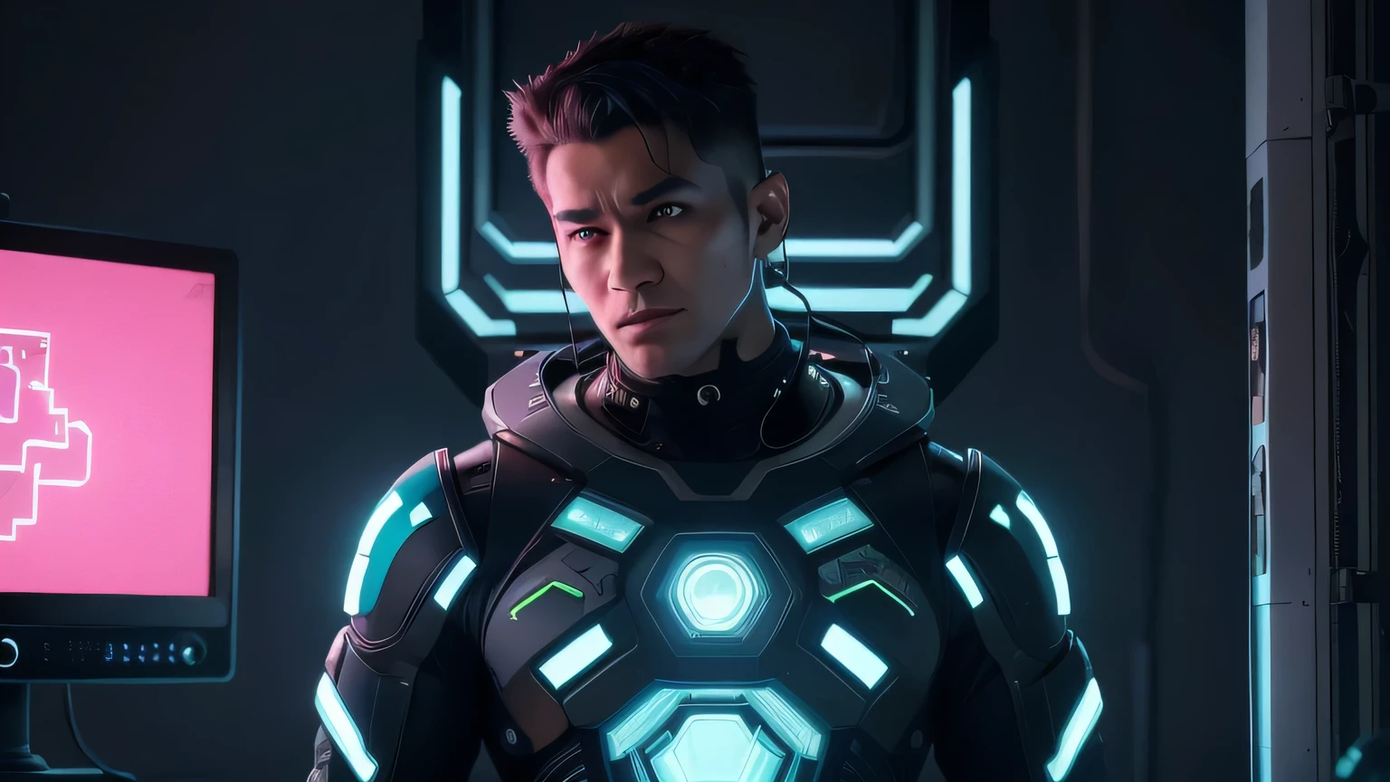 A detailed illustration of a futuristic strong male robot-niji figure with elements of cybernetics. The figure is wearing a green jacket with several colorful and unique patches. In place of the head, there is a complex electronic device, composed of various technological components. Include an old CRT monitor displaying blue pixelated text, exposed wires and other intricate electronic parts. An antenna must come out of the top of the device. The background is a bright and solid pink, creating a vibrant contrast with the figure. Use a color palette that includes shades of green, blue, metallic gray and neon pink to give a futuristic and cyberpunk touch to the image. The image should convey a sense of fusion between the human and the technology, evoking themes of cybernetics and futuristic concepts. Style: cyberpunk, detailed, vibrant, with high contrast and technological elements." ((More detail, enhanced_niji-style))