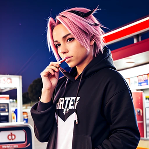 ASTOLFO FROM FATE APOCRYPHA, PUSHED BACK HAIR, SWEPT BACK HAIR, SLICKED BACK HAIR, AT GAS STATION, SMOKING CIGARETTES, CHECKING OUT AT GAS STATION, WITH FRIENDS, PINK HAIR, FEMBOY, HOODIE, SWEATPANTS, NIGHT TIME, SAD LOOK ON FACE, BANDAGE ON NOSE, CONFUSED