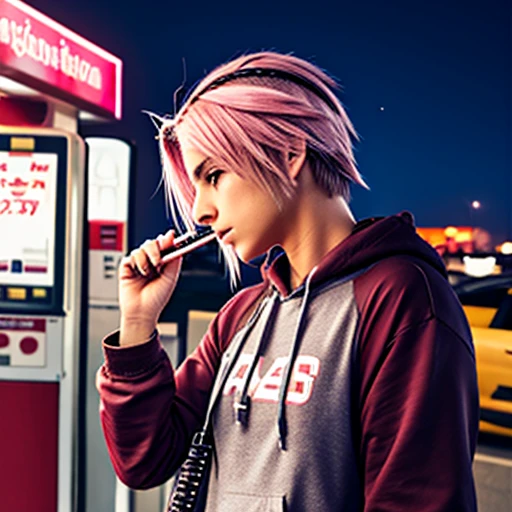 ASTOLFO FROM FATE APOCRYPHA, PUSHED BACK HAIR, SWEPT BACK HAIR, SLICKED BACK HAIR, AT GAS STATION, SMOKING CIGARETTES, CHECKING OUT AT GAS STATION, WITH FRIENDS, PINK HAIR, FEMBOY, HOODIE, SWEATPANTS, NIGHT TIME, SAD LOOK ON FACE, BANDAGE ON NOSE, CONFUSED