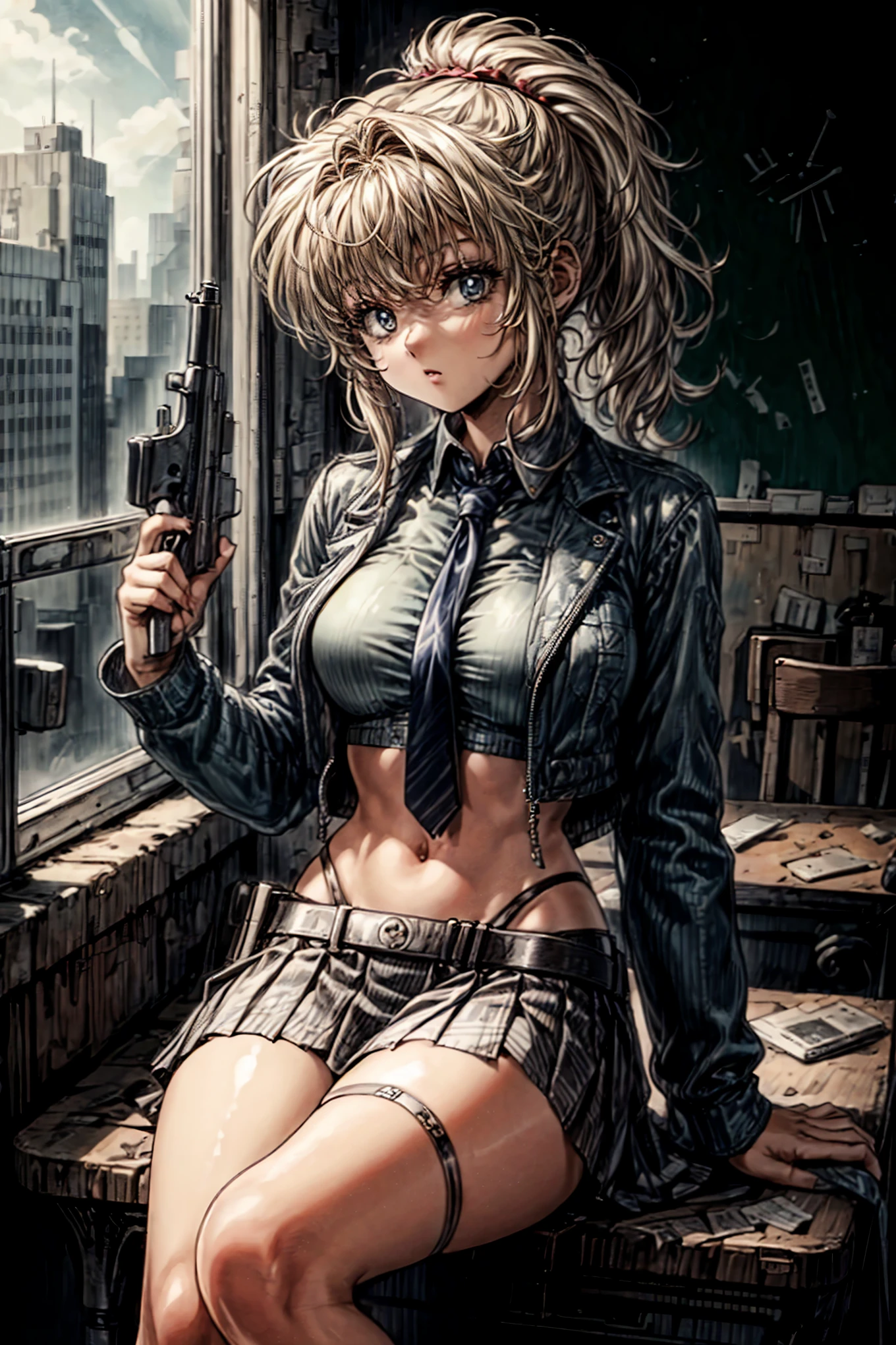 girl holding a gun, wearing school uniform, Mini skirt, sitting at a table, blonde, fringe, ponytail, classroom with old walls as if it were an abandoned place, abandoned city appearing in the window 