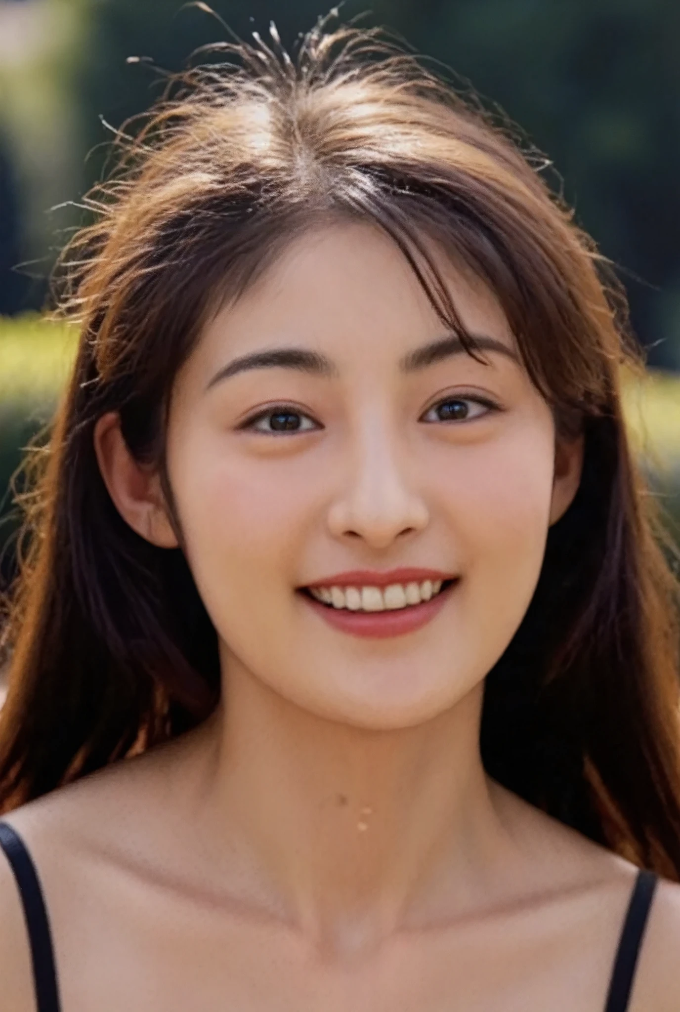 smile, (Best Quality:1.5), (Skin texture and pores:1.7), Sharp focus captures the entire face、Creates natural shadows on the cheeks and forehead, (HDR:1.4), Pores and fine skin details are realistically depicted.、Lighting enhances skin texture (Skin Detail:1.8), The lips have a slight sheen、The natural pink color creates an elegant reflection of light., The hair is realistically expressed.、The background is blurred, giving it a luxurious feel with studio lighting. (Background Blur:1.3)