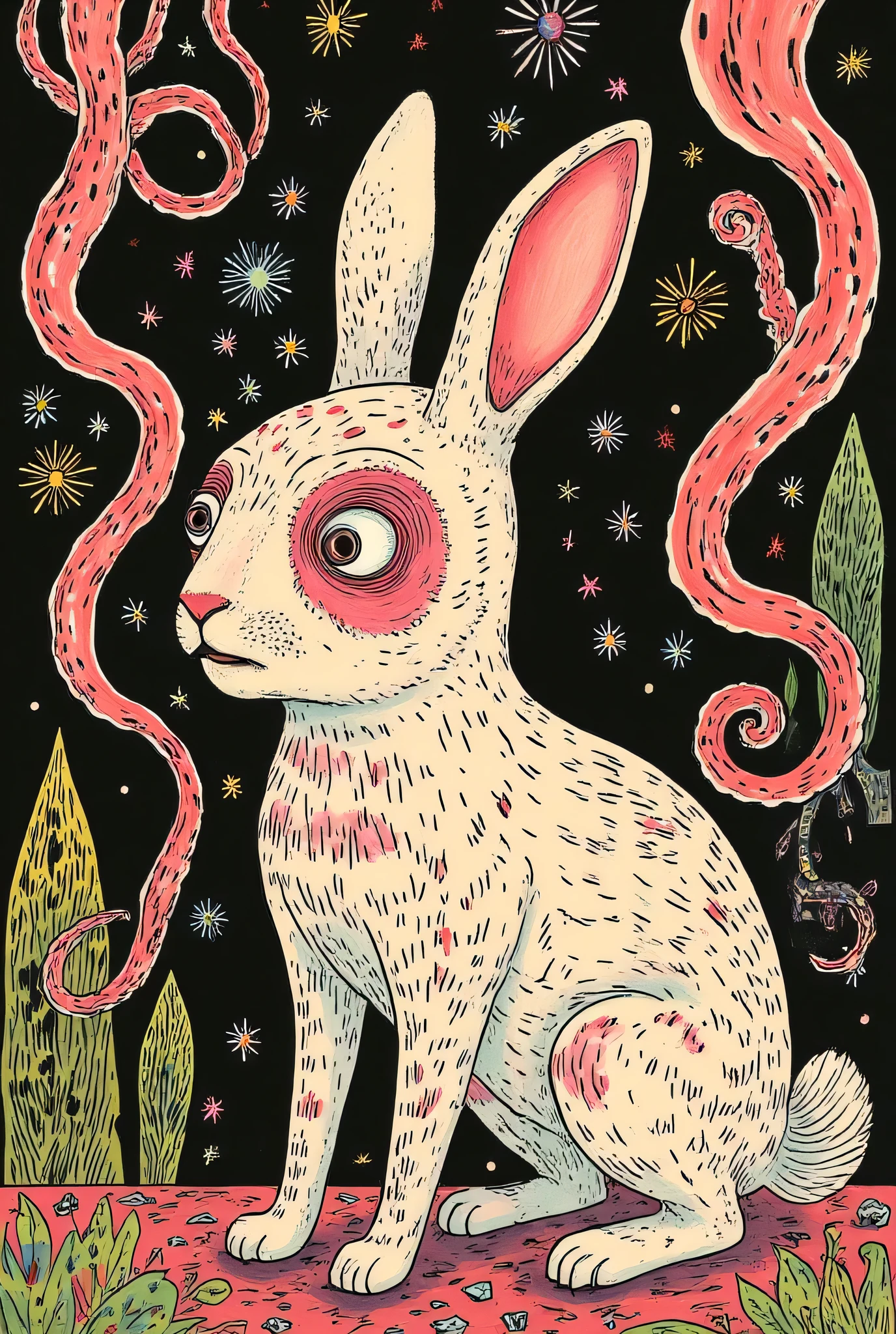 (masterpiece, best quality:1.2), Surreal Psychedelic, rabbit, red eyes