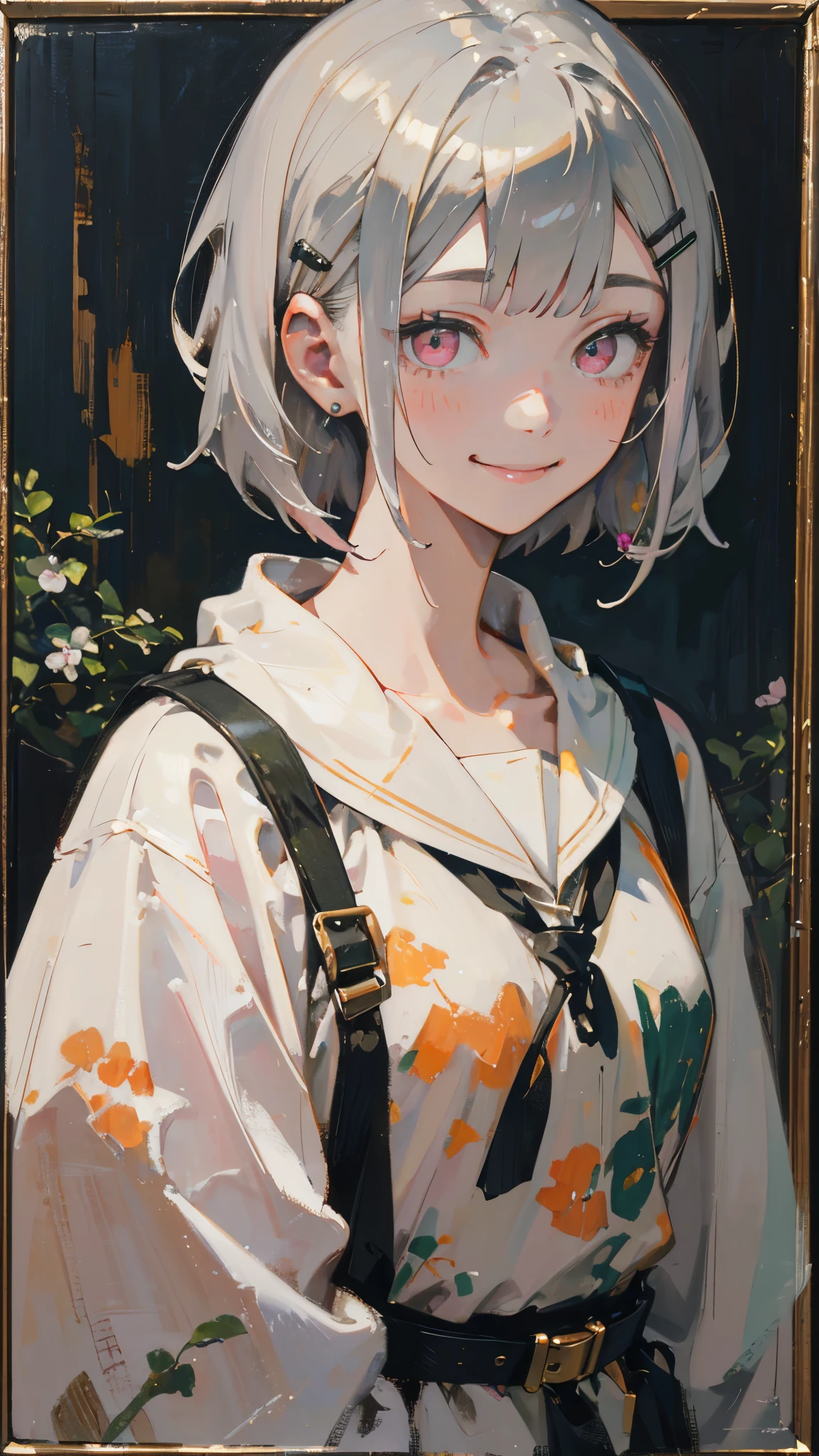 1 Girl、solo、smile、smile、impression、(Oil painting)、Green and orange tones、Short silver bob hair held together with a hair clip、Pink Eyes、Upper body close-up