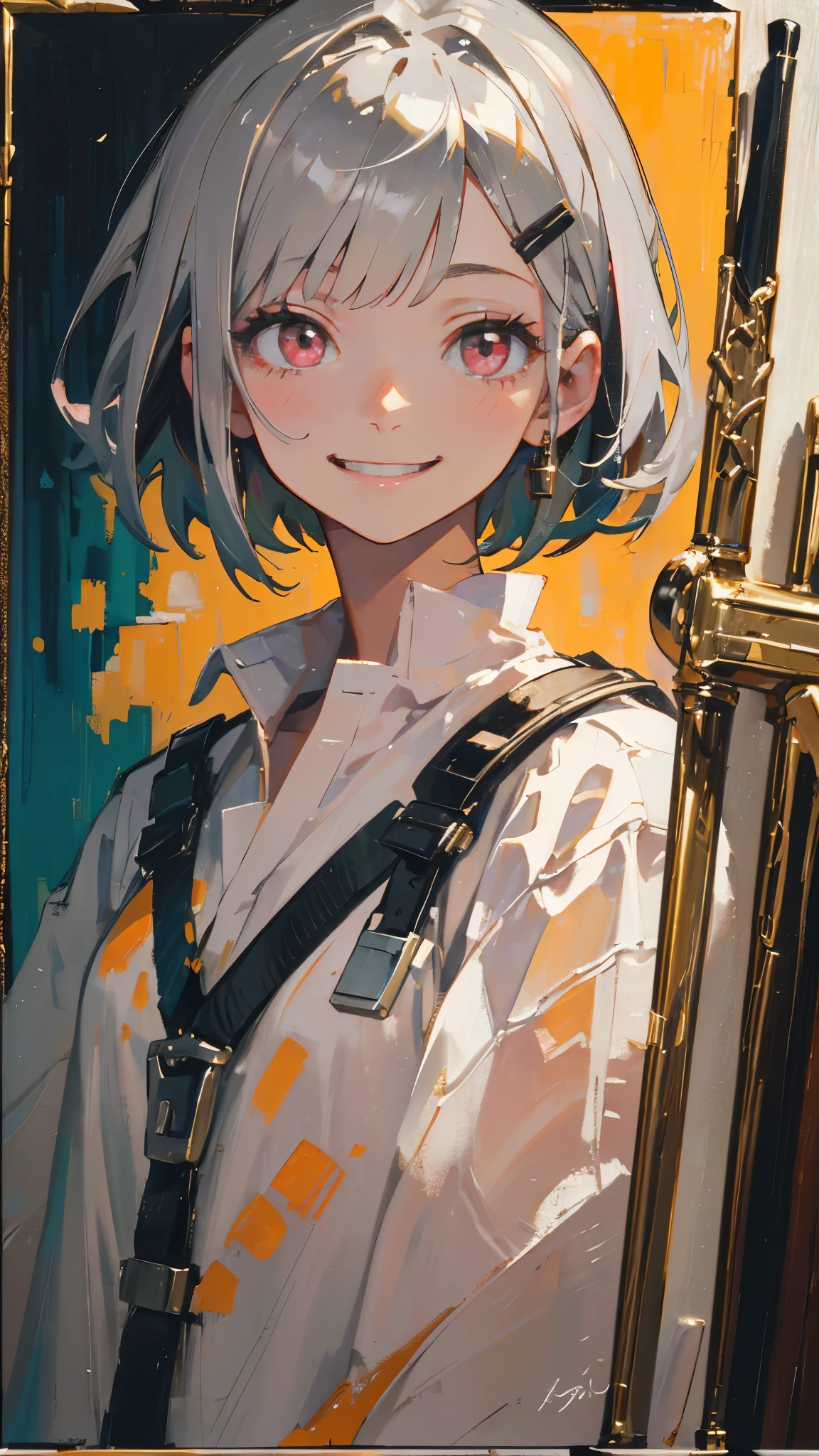 1 Girl、solo、smile、smile、impression、(Oil painting)、Green and orange tones、Short silver bob hair held together with a hair clip、Pink Eyes、Upper body close-up