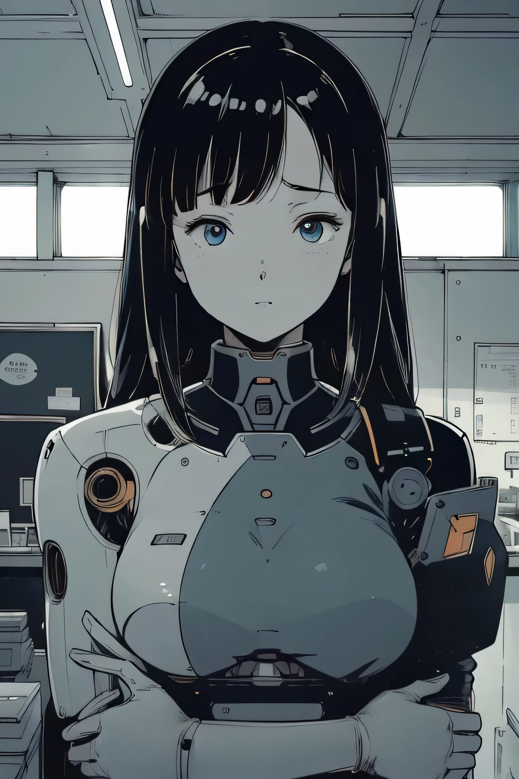 masterpiece, Best Quality, Extremely detailed, 8K portrait,Japaese android girl,Plump , control panels,Robot arms and legs, Blunt bangs,perfect robot girl,a bit chubby,white gloves,chest monitor,blue eyes,Charging spot,She is exhibits,exibition hall,promo girl,office-lady