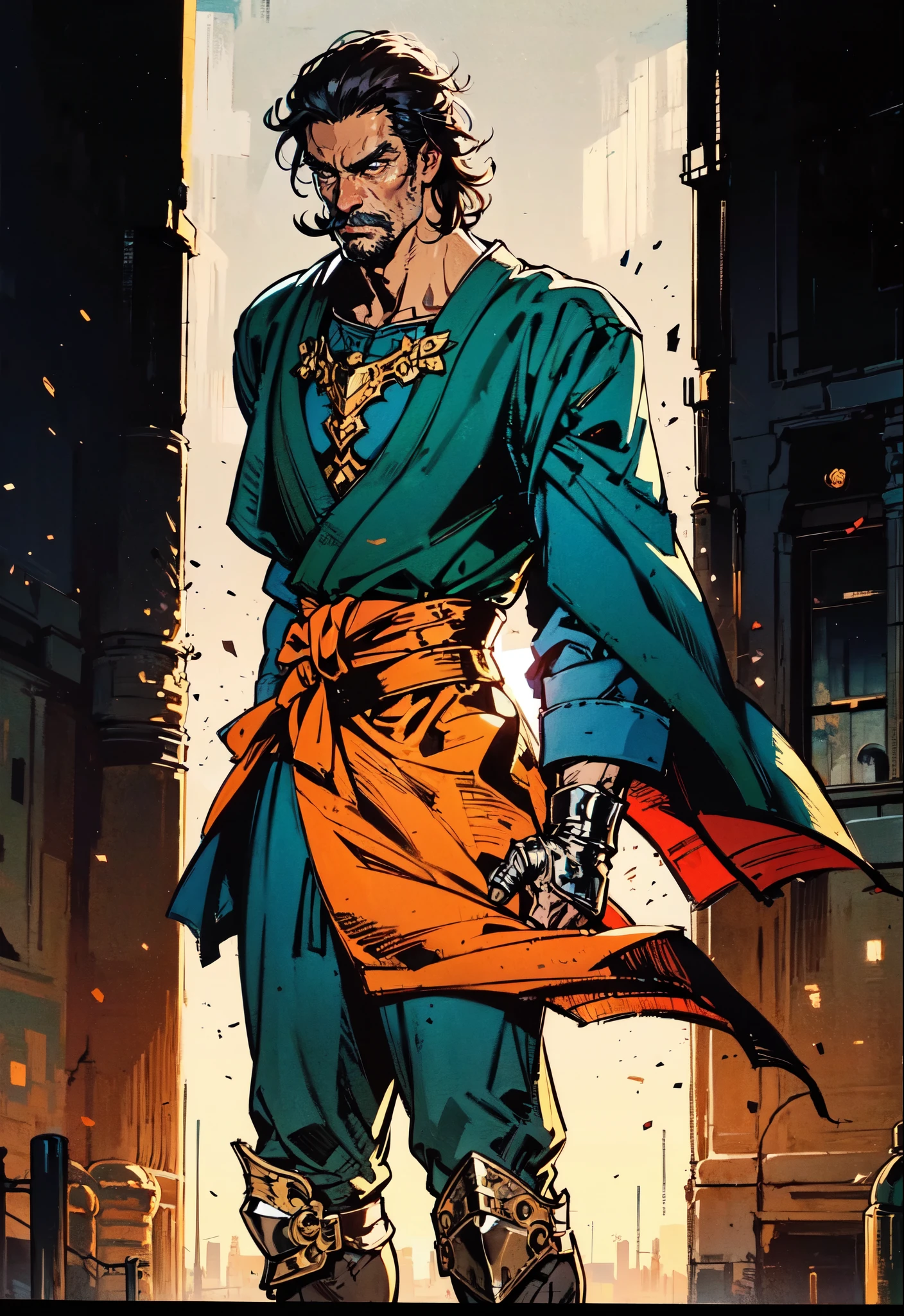 (masterpiece:1.2, best quality:1.2, extremely delicate:1.2), ((male:1.5)), a middle-aged man with spiky blue short hair, mustaches on his upper lip, a dignified long face, wise eyes, a fantasy martial arts-style green half-draped long robe, blue and white armor underneath, a large belt with a dragon-head emblem, his hands are wrapped in bandages, cloth pants, metal knee guards, tall boots, standing on the city wall gazing into the distance, this character embodies a finely crafted fantasy martial arts style general in anime style, exquisite and mature manga art style, dramatic, high definition, highres, ultra-detailed, ultra-fine painting, professional, perfect body proportions, golden ratio, anatomically correct, symmetrical face, extremely detailed eyes and face, high quality eyes, creativity, RAW photo, UHD, 32k, Natural light, cinematic lighting, (masterpiece-anatomy-perfect:1.2)