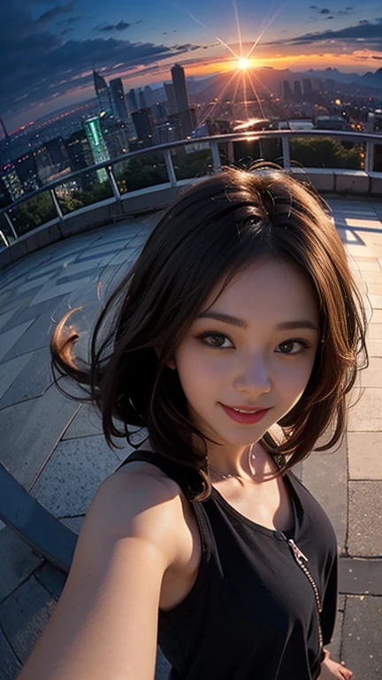 One girl, Korean, Fisheye Lens, Selfie, Wind, Messy Hair, sunset, Cityscape, (Aesthetics and atmosphere:1.2),smile