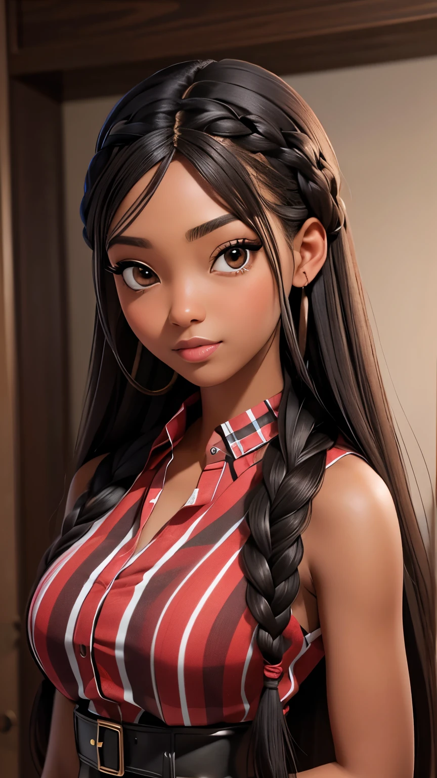 (masterpiece, best quality), deep ebony 1girl, beautiful face, freely hanging braids, red checks.