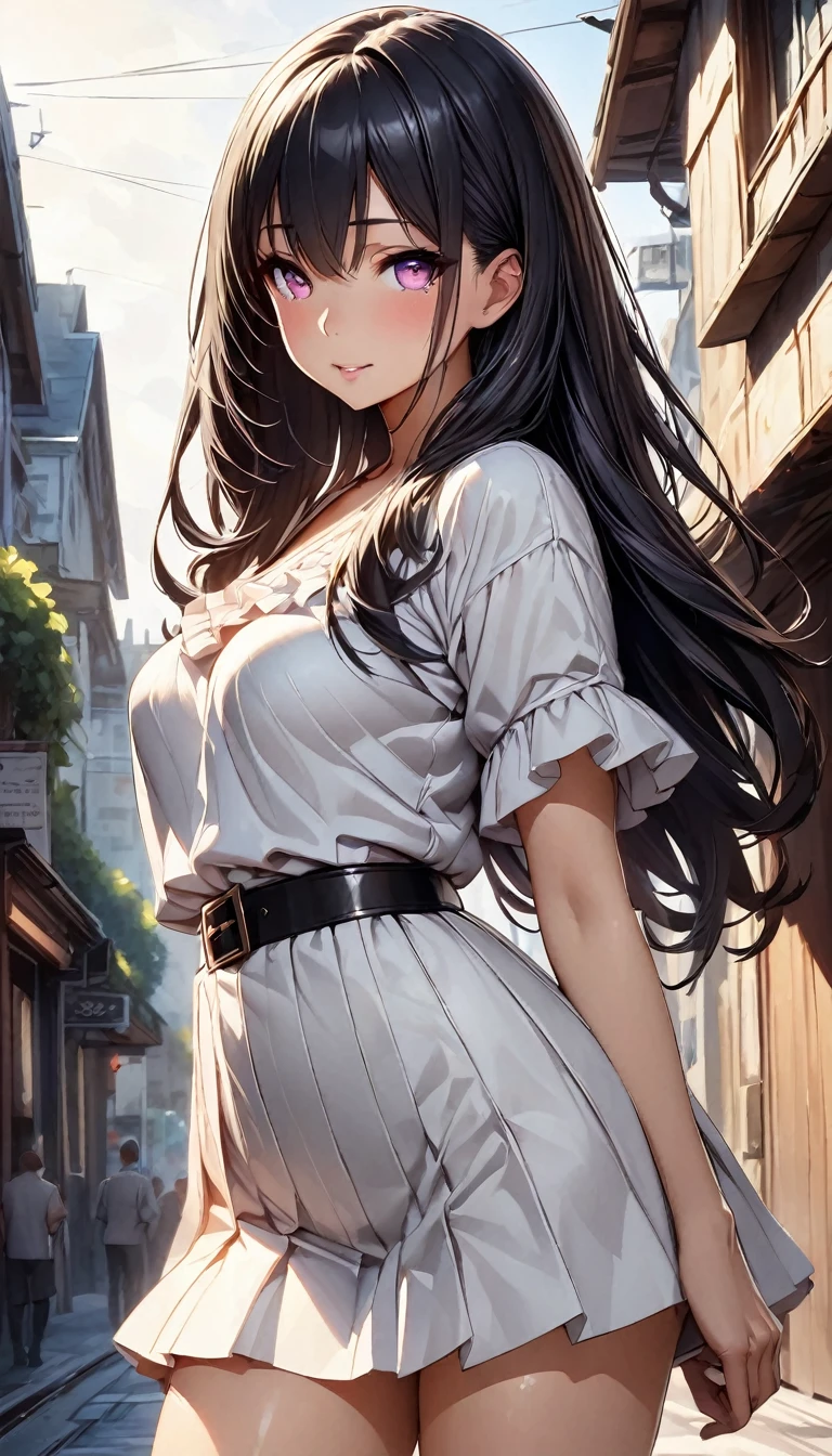 (best quality, Masterpiece), 1 girl, The sun shines, In the building, black hair, Beautiful long hair, Beautiful hair style, pink eyes, glasses, cute, Bright face, Good mood, Huge breasts, Beautiful fashion clothes, shy, 1 woman, young girl, (Goosebumps:0.7), Beautiful face, (shyไลเนอร์, lipstick:0.9), nighttime, street lights, fall, 4K, 8K, UHD, HDR, detailed background, background