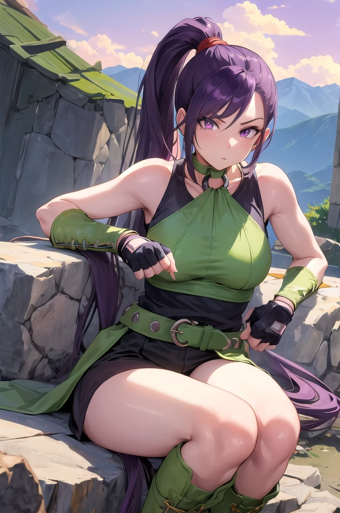 masterpiece, Best Quality, High resolution, One girl, Maruchina, purple eyes, Purple Hair, Very long hair, ponytail, Hair Scratchy, Green choker, O-ring top, Tank top, Sleeveless, Fingerless gloves, Green gloves, West Cape, Black shorts, Green Belt, boots, looking at viewer, Outdoor, glass, Sitting 