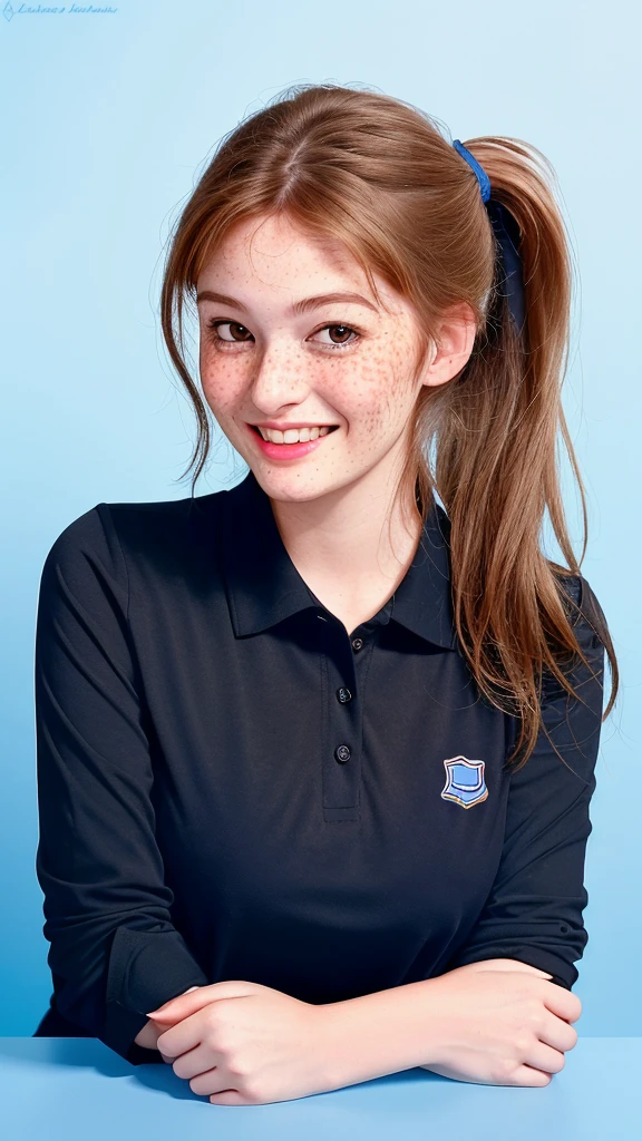 portrait photograph of fay3, a woman with a black polo shirt smiling for a picture in a studio photo with (a blue background:1.3), hair in a ponytail, (freckles:0.8), id photo, high school background, depth of field, f22, detailed skin texture, (blush:0.5), (goosebumps:0.5), subsurface scattering