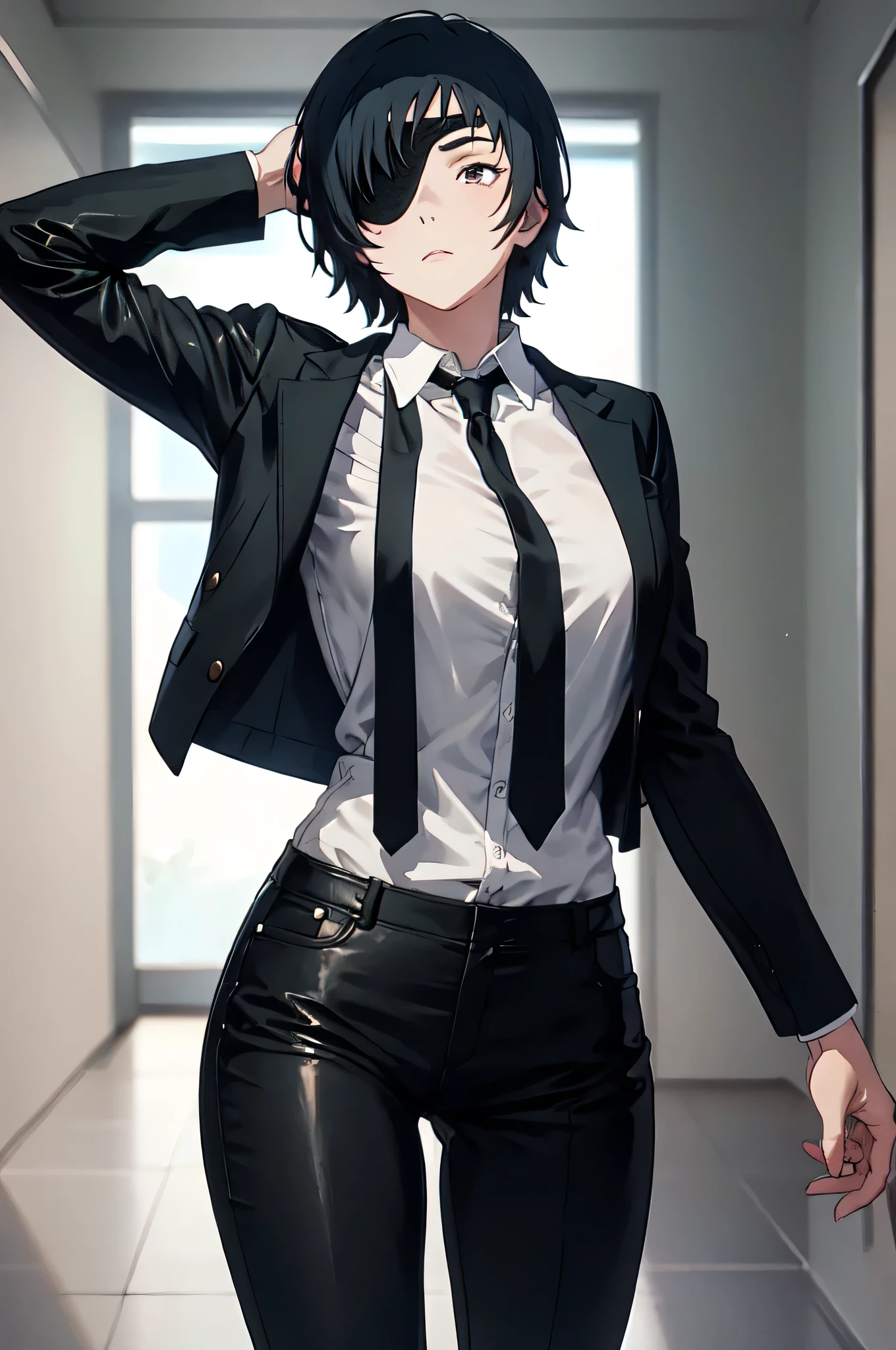 (masterpiece:1.2), himeno, 1girl, solo, looking at viewer, short hair, shirt, black hair, office background, standing, leather blazer, full body, white shirt, necktie, collared shirt, black leather pants, black leather jacket, black leather boot, black pants, left eyepatch, formal, leather suit, black necktie, shirt tucked in,  