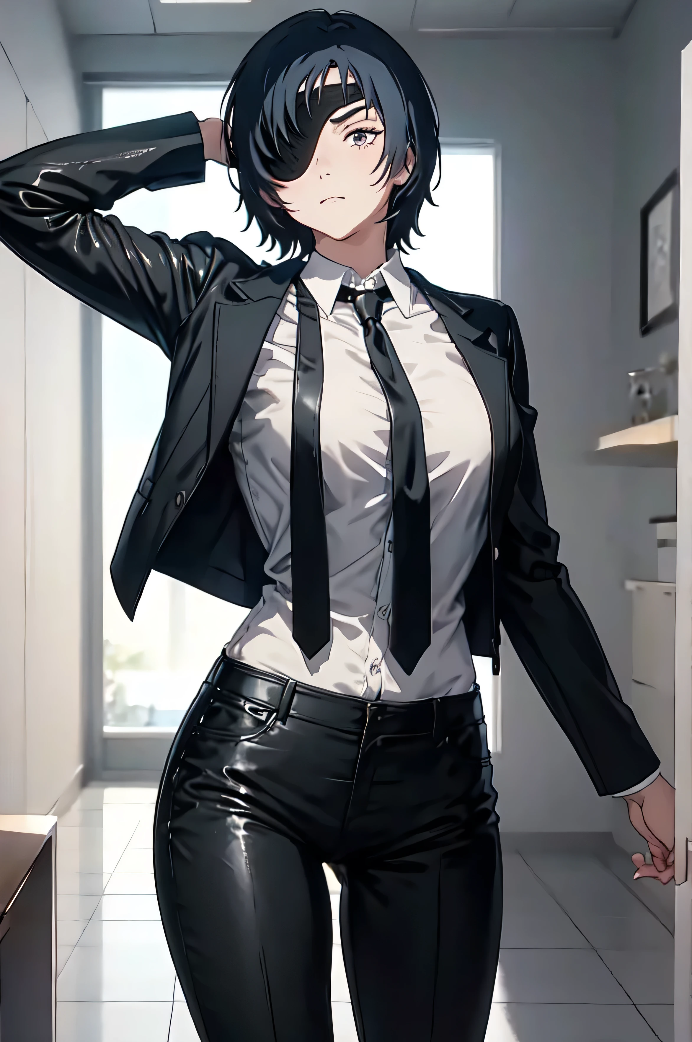 (masterpiece:1.2), himeno, 1girl, solo, looking at viewer, short hair, shirt, black hair, office background, standing, leather blazer, full body, white shirt, necktie, collared shirt, black leather pants, black leather jacket, black leather boot, black pants, left eyepatch, formal, leather suit, black necktie, shirt tucked in,  