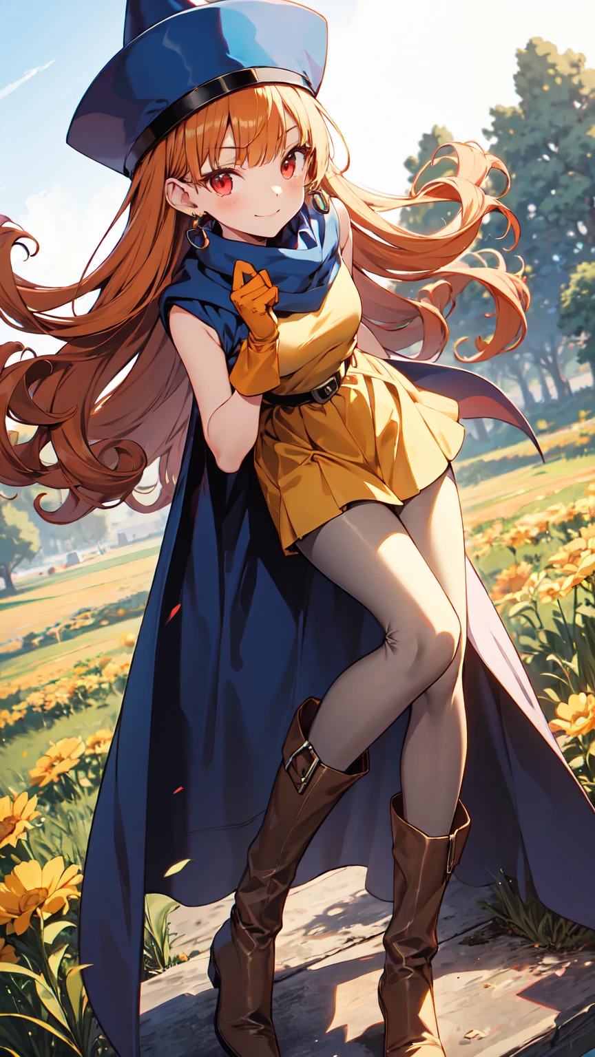 Arena - DQ4, DQ4 Arena,Black Pantyhose,Blue Cape,Blue hat,boots,Curly Hair,Earrings,Long Hair,Orange gloves,Orange Hair,Red eyes,Sleeveless,Yellow Dress,Yellow Skirt, 1 girl, Alone, Face-to-face audience, ["Gazing at the viewer, smile, random pose, grassland