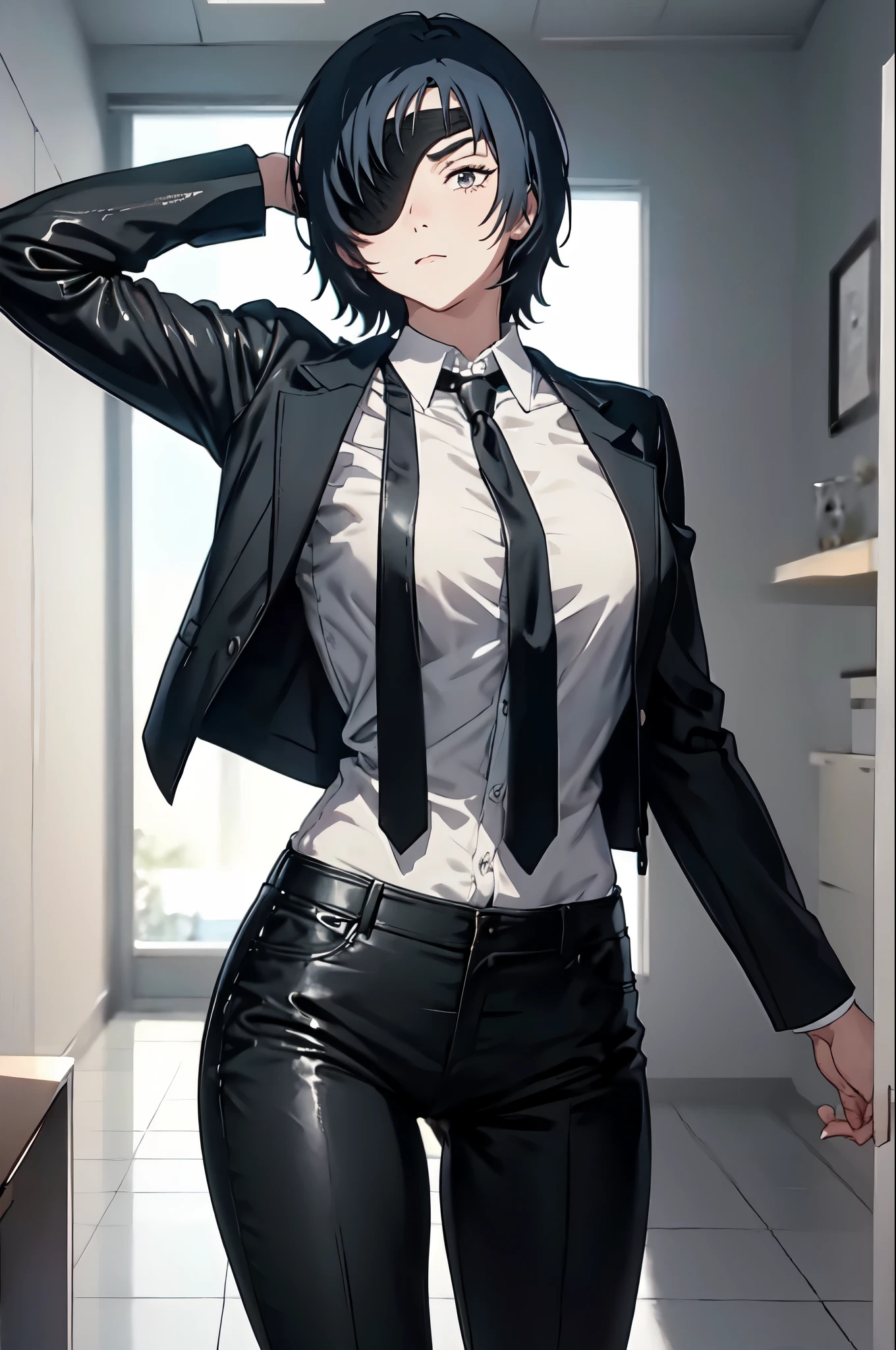 (masterpiece:1.2), himeno, 1girl, solo, looking at viewer, short hair, shirt, black hair, office background, standing, leather blazer, full body, white shirt, necktie, collared shirt, black leather pants, black leather jacket, black leather boot, black pants, left eyepatch, formal, leather suit, black necktie, shirt tucked in,  