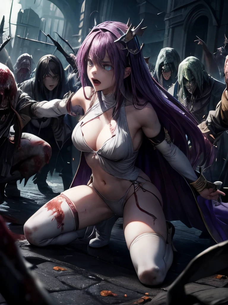 Best Quality、torture、slave、Constraints、BDSM、Captured by a zombie、Surrounded by zombies、defeat、Beautiful woman with very long purple hair、Full of wounds、White Robe（Small breasts、Cleavage、Off the shoulder、Sleeveless、No elbow pads、belly button、High Leg、Exposed thighs）、White Armor Boots、Tears overflow、Frightened expression、run away、Attacked by zombies 1:5、Many violent zombies 1:5、The zombie grabs his arm.　Zombie attacks from behind、Zombie grabs leg、Zombie Swarm 1:5、darkness、Different world、Dark fantasy、Pitch Black Hell