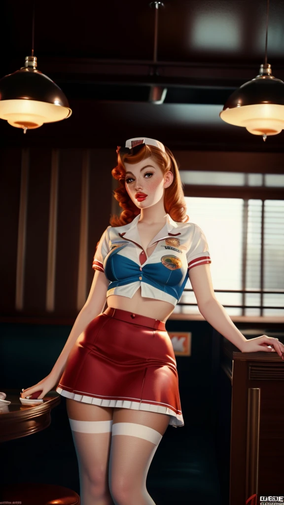 50s style pinup painting of fay3, wearing a waitress uniform, (freckles:0.8), portrait, slim body, standing in a dinner, character design, 2D, realistic, (masterpiece, award winning, best quality:1.3), detailed, intricate, beautiful, gorgeous stunning, style of Gil Elvgren  