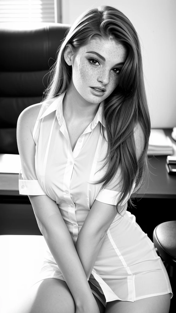 glamour photography, photo of fay3, sitting at a desk, (wearing a white business shirt:1.2), (freckles:0.8), beautiful makeup, slim body, ultra realistic, elegant, highly detailed, intricate, sharp focus, depth of field, f/1.8, 85mm, medium shot, mid shot, (centered image composition), (professionally color graded), ((bright soft diffused light)), 4K photo, detailed skin texture, (blush:0.5), (goosebumps:0.5), subsurface scattering,  