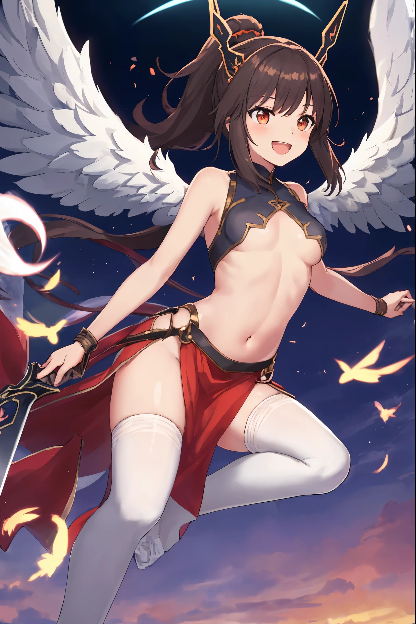 fantasy, (1angel_girl:1.3), 
(loli:1.3),messy_medium_bob_hair, long_bangs, halo,bare_shoulder,thighhighs,shiny_silver_armor, waist_armor, large_breasts,(side_breasts:1.3),grinning,smile,open_mouth,teeth, (1pair_angelwings:1.1), dynamic_pose_fighting,(floating:1.1), (bare_crotch:1.2),gauntlet, greaves,city_sky_background,(apart_legs:1.4), solo, groin_naked,(dark_skin:0.6),pussy,(navel:1.1),slender_legs,moonlight,moon,angry,(breastplate:1.2), glowing _sword,glab_sword_hilt,fist,(slender_ass:0.9),open_legs, (bare_labia_majora:1.3), (dark_brown_hair:1.3),(naked_groin:1.2),