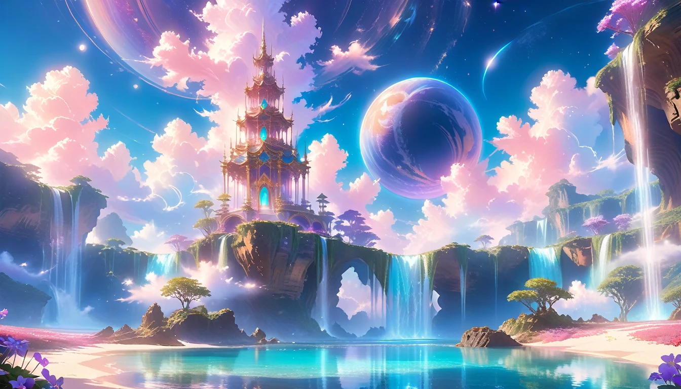 A Masterpiece In 32K Resolution, Supreme Quality, Super Detail, Official Art, Very High-Resolution 32K Wallpaper, Beautiful And Ethereal, Ultra-Detailed Features, Awe-Inspiring Detail. Celestial, Serene, And Dreamlike Scene Set On A Mystical, Oceanic Planet. The Scene Features Vast, Crystal-Clear Waters Reflecting The Light Of Two Moons Suspended In A Twilight Sky. Towering Waterfalls Cascade From Hovering Islands, Surrounded By Clouds That Shimmer With Iridescent Blues And Violets. A Giant Ringed Planet Dominates The Horizon, Its Rings Glistening With Particles Of Stardust. The Atmosphere Is Peaceful Yet Brimming With An Air Of Fantasy, And The Use Of Soft Gradients Gives A Sense Of Tranquil Motion. Otherworldly Flora Sways In The Gentle Breeze, Adding A Sense Of Calm To This Aquatic Paradise. The Palette Is Soft Yet Vibrant, With Hues Of Turquoise, Lavender, And Coral Creating A Mesmerizing Visual Harmony.