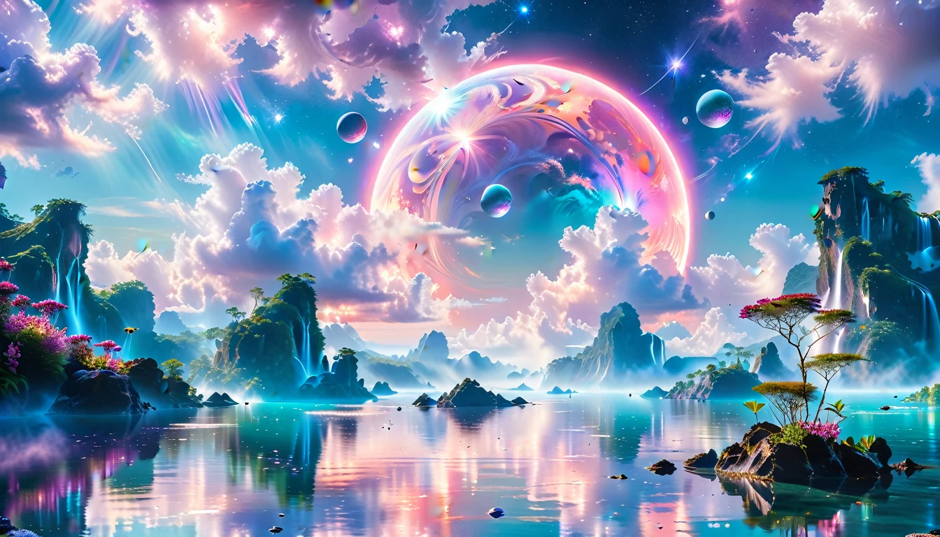 A Masterpiece In 32K Resolution, Supreme Quality, Super Detail, Official Art, Very High-Resolution 32K Wallpaper, Beautiful And Ethereal, Ultra-Detailed Features, Awe-Inspiring Detail. Celestial, Serene, And Dreamlike Scene Set On A Mystical, Oceanic Planet. The Scene Features Vast, Crystal-Clear Waters Reflecting The Light Of Two Moons Suspended In A Twilight Sky. Towering Waterfalls Cascade From Hovering Islands, Surrounded By Clouds That Shimmer With Iridescent Blues And Violets. A Giant Ringed Planet Dominates The Horizon, Its Rings Glistening With Particles Of Stardust. The Atmosphere Is Peaceful Yet Brimming With An Air Of Fantasy, And The Use Of Soft Gradients Gives A Sense Of Tranquil Motion. Otherworldly Flora Sways In The Gentle Breeze, Adding A Sense Of Calm To This Aquatic Paradise. The Palette Is Soft Yet Vibrant, With Hues Of Turquoise, Lavender, And Coral Creating A Mesmerizing Visual Harmony.