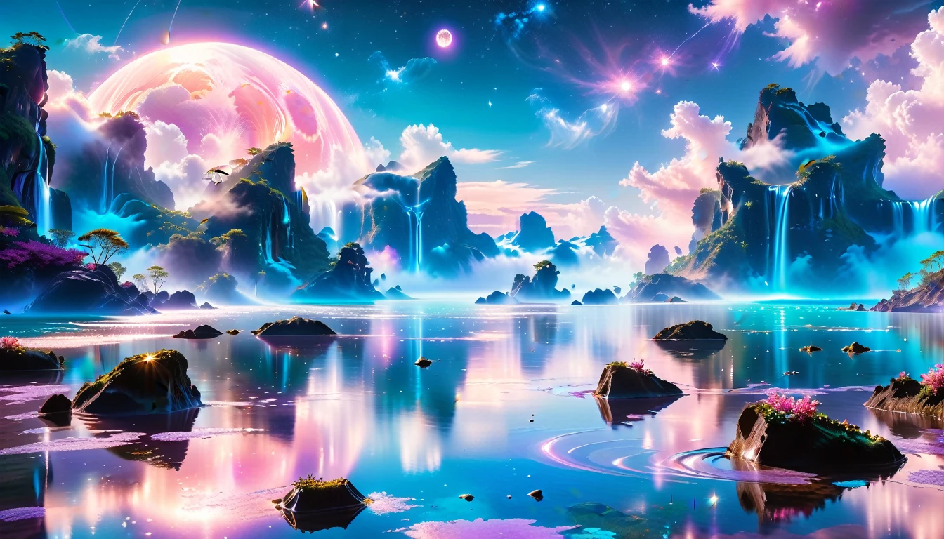 A Masterpiece In 32K Resolution, Supreme Quality, Super Detail, Official Art, Very High-Resolution 32K Wallpaper, Beautiful And Ethereal, Ultra-Detailed Features, Awe-Inspiring Detail. Celestial, Serene, And Dreamlike Scene Set On A Mystical, Oceanic Planet. The Scene Features Vast, Crystal-Clear Waters Reflecting The Light Of Two Moons Suspended In A Twilight Sky. Towering Waterfalls Cascade From Hovering Islands, Surrounded By Clouds That Shimmer With Iridescent Blues And Violets. A Giant Ringed Planet Dominates The Horizon, Its Rings Glistening With Particles Of Stardust. The Atmosphere Is Peaceful Yet Brimming With An Air Of Fantasy, And The Use Of Soft Gradients Gives A Sense Of Tranquil Motion. Otherworldly Flora Sways In The Gentle Breeze, Adding A Sense Of Calm To This Aquatic Paradise. The Palette Is Soft Yet Vibrant, With Hues Of Turquoise, Lavender, And Coral Creating A Mesmerizing Visual Harmony.