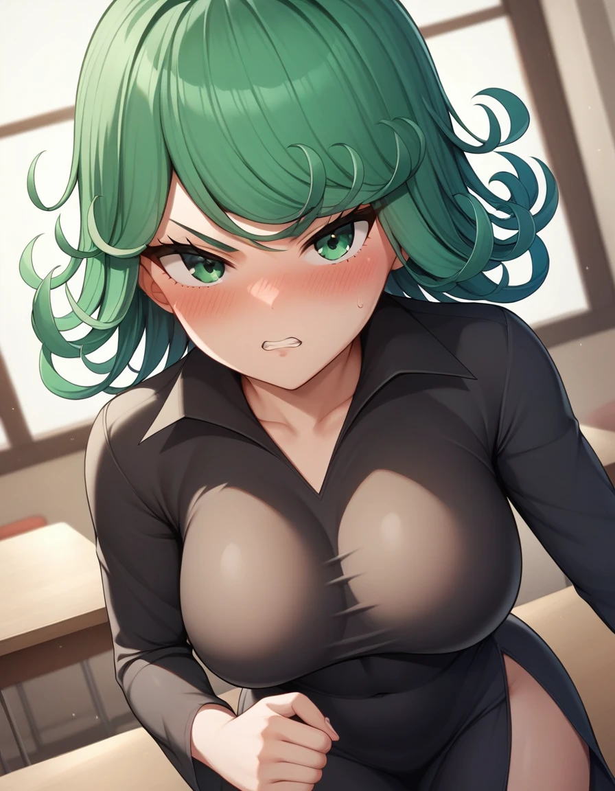 score_9, score_8_up, score_7_up, source_anime, best quality, clear face, Tatsumaki, green hair, green eyes, long hair, large breasts, perfect body, standing, looking at viewer, angry cute, only wearing black dress, dynamic angle, indoor,clothes,blushing,embrassed,see though clothes, view,in restaurant, indoor,blushing,embrassed,big boob,hands on boob,indoor,blushing,sexy,talking to a man, in a bar full of man, perverted man looking at her, big boob, bend over, big boner,sexy