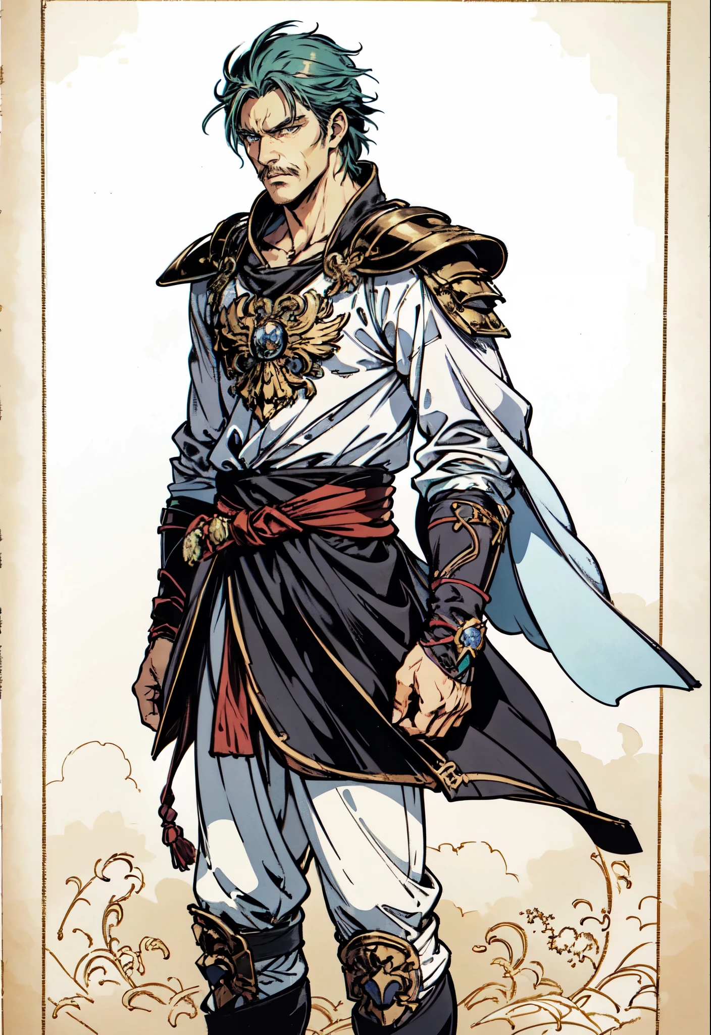 (masterpiece:1.2, best quality:1.2, extremely delicate:1.2), ((male:1.5)), a middle-aged man with blue spiky short hair, mustaches on his upper lip, a dignified long face, wise eyes, a fantasy martial arts-style green half-draped long robe, blue and white armor underneath, a large belt with a dragon-head emblem, his hands are wrapped in bandages, cloth pants, metal knee guards, tall boots, standing on the city wall gazing into the distance, this character embodies a finely crafted fantasy martial arts style general in anime style, exquisite and mature manga art style, dramatic, high definition, highres, ultra-detailed, ultra-fine painting, professional, perfect body proportions, golden ratio, anatomically correct, symmetrical face, extremely detailed eyes and face, high quality eyes, creativity, RAW photo, UHD, 32k, Natural light, cinematic lighting, (masterpiece-anatomy-perfect:1.2)