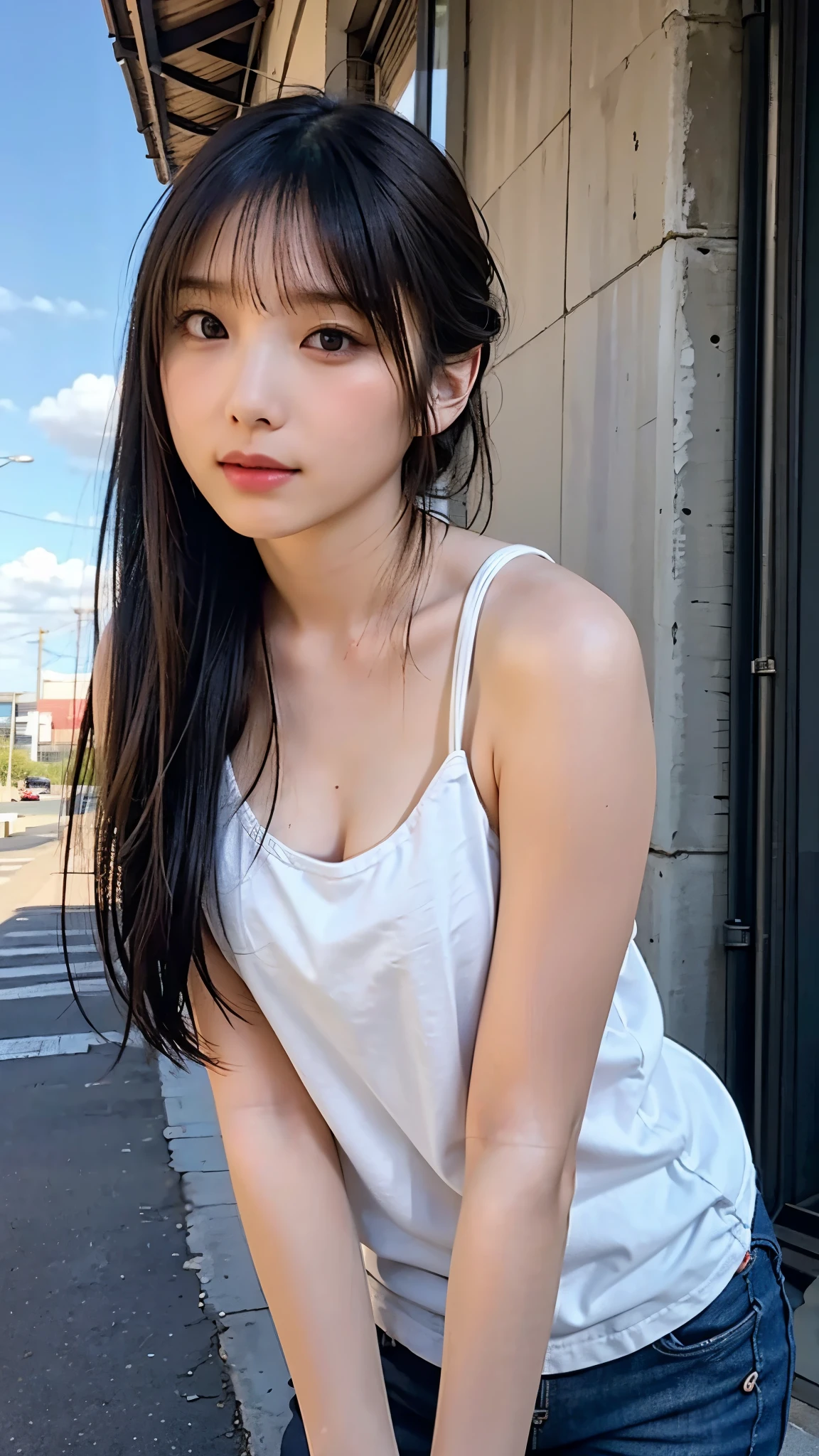 (Realistic, photo-Realistic), (Best Quality, masterpiece), High resolution, Intricate details, Very detailed, Sharp focus, Cinematic Lighting, (whole body), Alone, One girl, Japanese female idols, Standing leaning forward, (loose tank top, Shorts), (Small breasts, Down blouse:1.3), (Obscene expression, , Small face, Detailed face, Detailed eyes, A sophisticated nose), Black Hair, Pale skin, photo background, Outdoor, Downtown, alley, Blue sky and clouds,