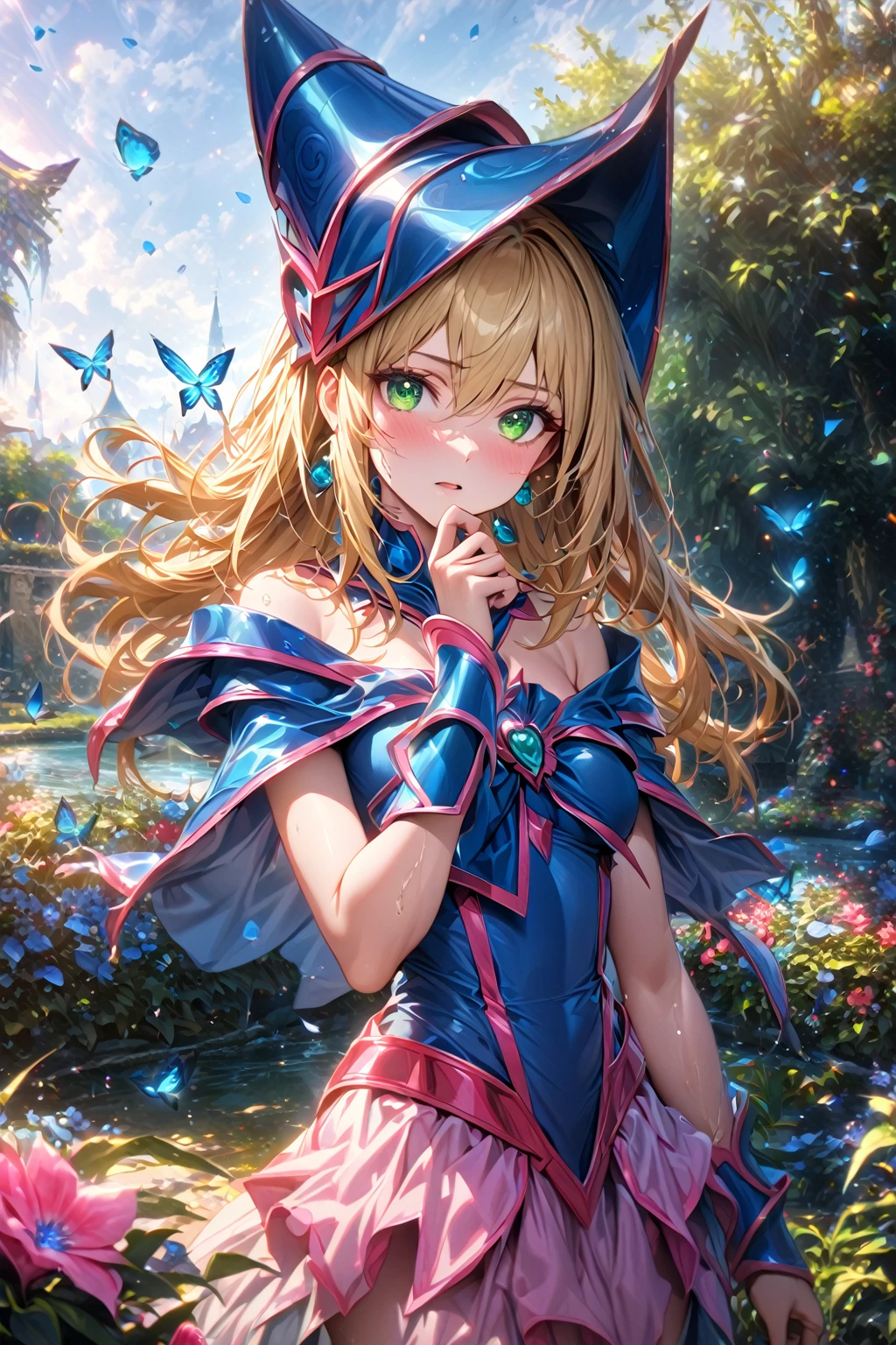 absurdres, highres, ultra detailed, HDR, master piece, best quality, extremely detailed, detailed eyes, detailed face, Dark Magician Girl, blonde hair,, expressive green eyes, Yu-Gi-Oh!, solo, woman, beautiful, blue clothes with pink, magical, fantasy, garden, blue butterflies, blue flowers, blue petals, water, magic, powers