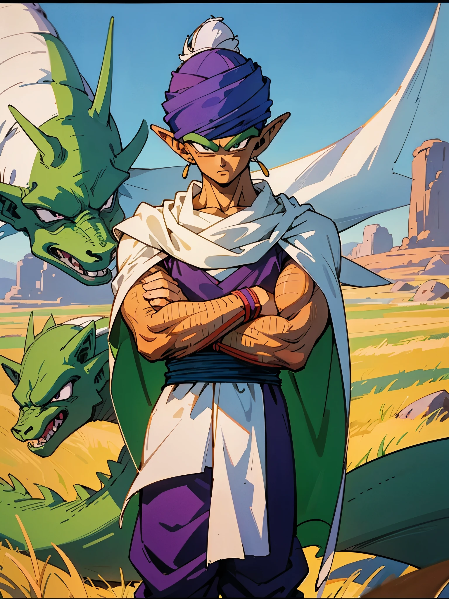 {{{masterpiece}}}, {{{best quality}}}, {{ultra-detailed}}, {illustration}, {{an extremely delicate and beautiful}}, (beautiful detailed eyes:1.6), extremely detailed face, 8k, anime face, piccolo(Dragon Ball),1boy, solo, pointy ears, bald, black eyes, green skin pink patches, purple dougi, purple pants, blue sash, (white turban), white cape, BREAK, glare, closed mouth, looking at viewer, crossed arms, rocky grassfields, standing, isometric drawing, whole body
