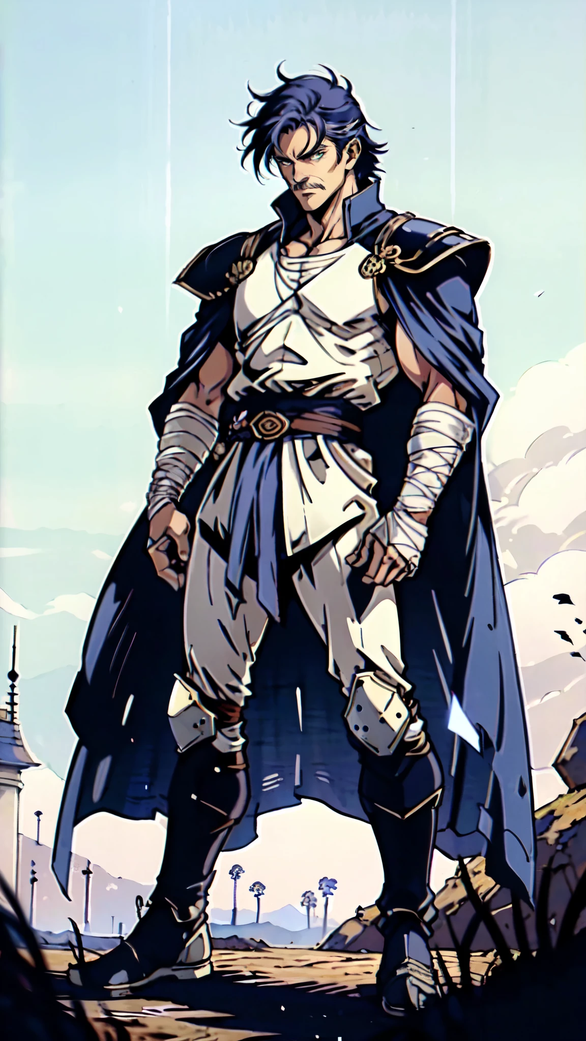 (masterpiece:1.2, best quality:1.2, extremely delicate:1.2), ((male:1.5)), a middle-aged man with spiky blue short hair, mustaches on his upper lip, a dignified long face, wise eyes, a fantasy martial arts-style green half-draped long robe, blue and white armor underneath, a large belt with a dragon-head emblem, his hands are wrapped in bandages, cloth pants, metal knee guards, tall boots, standing on the city wall gazing into the distance, this character embodies a finely crafted fantasy martial arts style general in anime style, exquisite and mature manga art style, dramatic, high definition, highres, ultra-detailed, ultra-fine painting, professional, perfect body proportions, golden ratio, anatomically correct, symmetrical face, extremely detailed eyes and face, high quality eyes, creativity, RAW photo, UHD, 32k, Natural light, cinematic lighting, (masterpiece-anatomy-perfect:1.2)