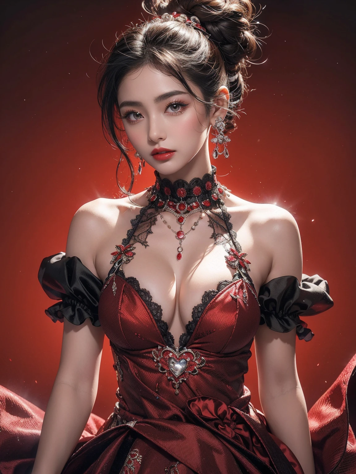 ((Best Quality)),(Ultra-high resolution),(Very detailed),(Detailed Description),((The best CG)),(a masterpiece),Ultra-detailed art、Tie your hair up、See-Through 2.0、Sexy Costumes、Red lipstick、Eyeshadow、Accentuate your cleavage、Glossy skin texture、Place your right hand on your chest。（Red and black gradient background)、Shooting from behind、