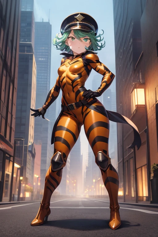 Masterpiece, best quality, ultra detailed, illustration, lighting epic, cinematic composition, 1 girl, Tatsumaki, short hair, green hair, very small breasts, green eyes, bright eyes, blushing, closed mouth, piercing gaze, full body, Brown Vintage Aviator Helmet, Spiked Helmet, Big Goggles, Blue Scarf, Brown Collar, Rather Short, Very Thin, Spikes On Forearms, Brown Details, Big Brown Leather Gloves, Brown Wrist Guards, Brown Nanotech Suit, Light Armor, White Chest With An Emblem, High Shoulder Pads, Brown Suit With Orange Stripes, Orange Tiger Stripes, Triangular Emblem On Chest, Very Small Breasts, Blue Emblem, Brown Pants, Brown Knee Pads, Metallic Brown Boots, Metallic Brown Shoes, Black Superhero Belt, Standing On Building, City Background, Anime