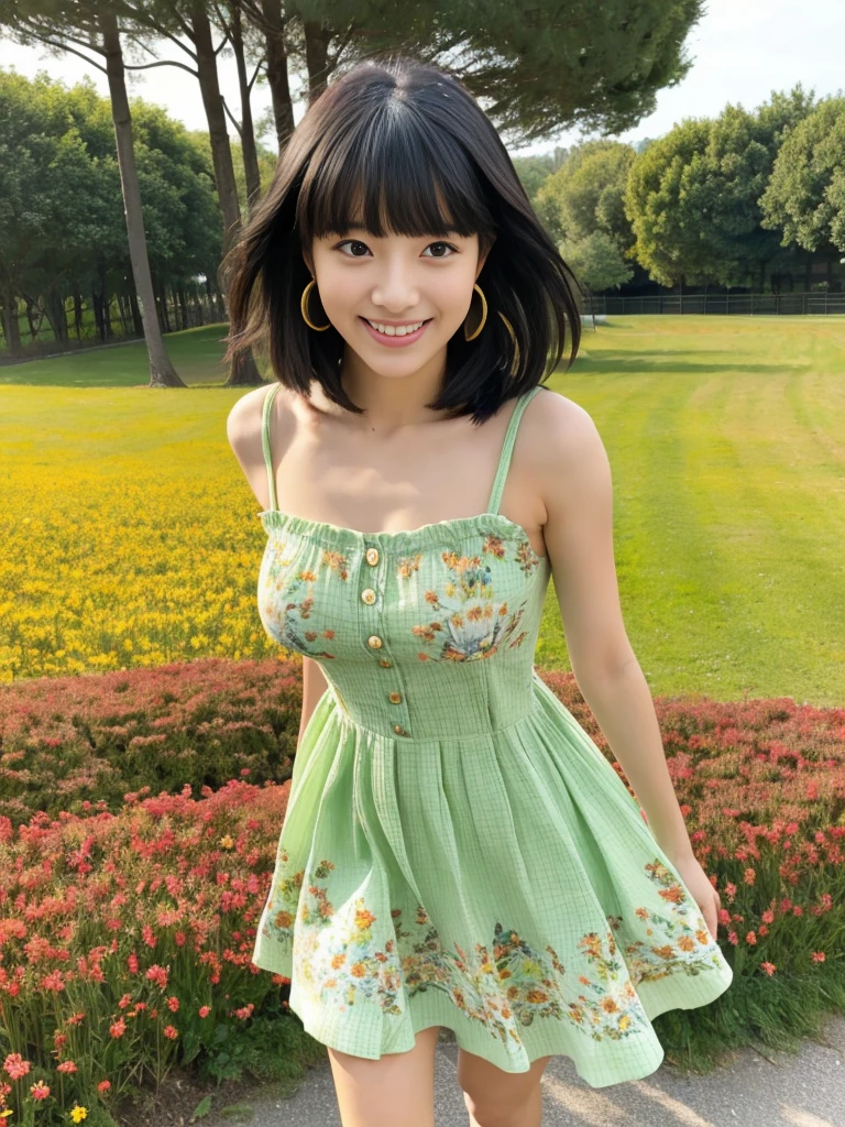 Highest quality, masterpiece, Ultra-high resolution, (Realistic:1.4), Voluptuous,Beautiful woman,(Shortcuts) （garden）Beautiful Skin, Fine skin, 魅惑的なsmile, Bokeh, smile, Shortcutsヘア, Brightly colored patterned dress, 