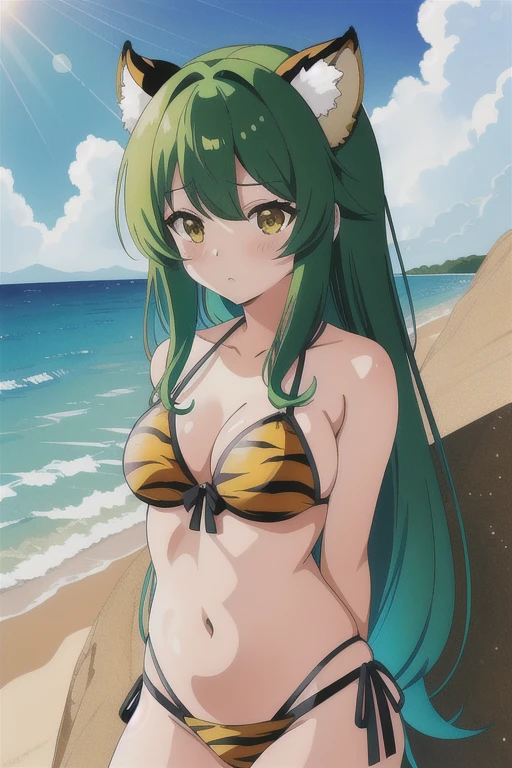 A 2 woman named Ram-chan with long green hair and two small horns., . She was wearing her usual tiger print bikini.、Calm expressionを浮かべている。, Calm expression.