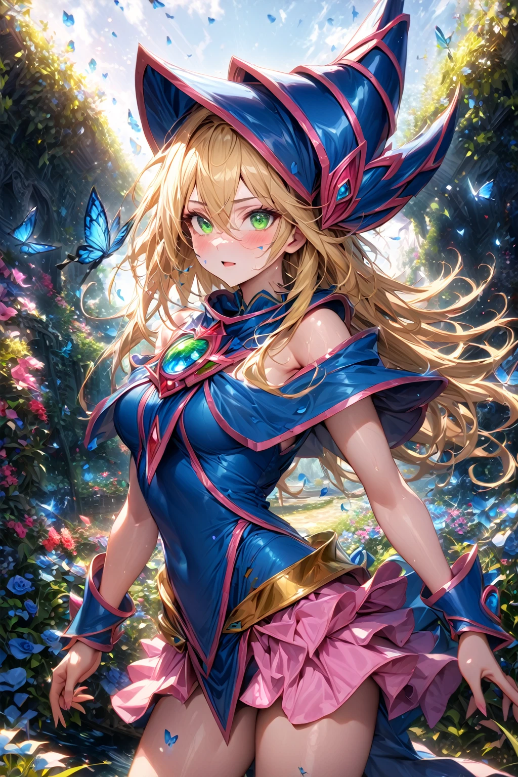 absurdres, highres, ultra detailed, HDR, master piece, best quality, extremely detailed, detailed eyes, detailed face, Dark Magician Girl, blonde hair,, expressive green eyes, Yu-Gi-Oh!, solo, woman, beautiful, blue clothes with pink, magical, fantasy, garden, blue butterflies, blue flowers, blue petals, water, magic, powers