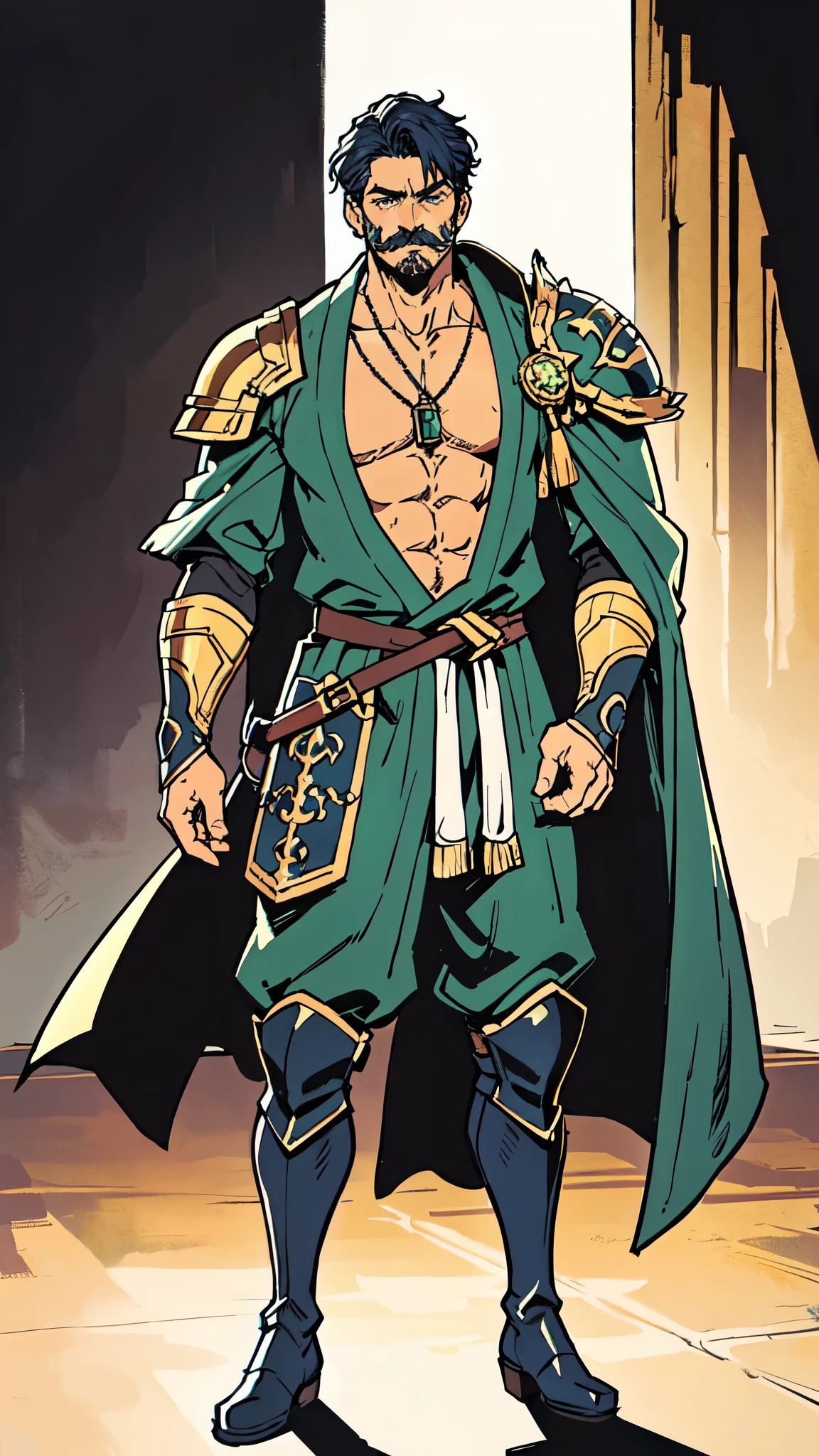 (masterpiece:1.2, best quality:1.2, extremely delicate:1.2), ((male:1.5)), a middle-aged man with spiky blue short hair, mustaches on his upper lip, a dignified long face, wise eyes, a fantasy martial arts-style green half-draped long robe, blue and white armor underneath, a large belt with a dragon-head emblem, his hands are wrapped in bandages, cloth pants, metal knee guards, tall boots, standing on the city wall gazing into the distance, this character embodies a finely crafted fantasy martial arts style general in anime style, exquisite and mature manga art style, dramatic, high definition, highres, ultra-detailed, ultra-fine painting, professional, perfect body proportions, golden ratio, anatomically correct, symmetrical face, extremely detailed eyes and face, high quality eyes, creativity, RAW photo, UHD, 32k, Natural light, cinematic lighting, (masterpiece-anatomy-perfect:1.2)