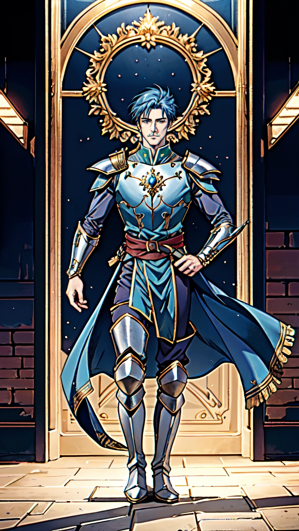 (masterpiece:1.2, best quality:1.2, extremely delicate:1.2), ((male:1.5)), a middle-aged man with spiky blue short hair, mustaches on his upper lip, a dignified long face, wise eyes, a fantasy martial arts-style green half-draped long robe, blue and white armor underneath, a large belt with a dragon-head emblem, his hands are wrapped in bandages, cloth pants, metal knee guards, tall boots, standing on the city wall gazing into the distance, this character embodies a finely crafted fantasy martial arts style general in anime style, exquisite and mature manga art style, dramatic, high definition, highres, ultra-detailed, ultra-fine painting, professional, perfect body proportions, golden ratio, anatomically correct, symmetrical face, extremely detailed eyes and face, high quality eyes, creativity, RAW photo, UHD, 32k, Natural light, cinematic lighting, (masterpiece-anatomy-perfect:1.2)