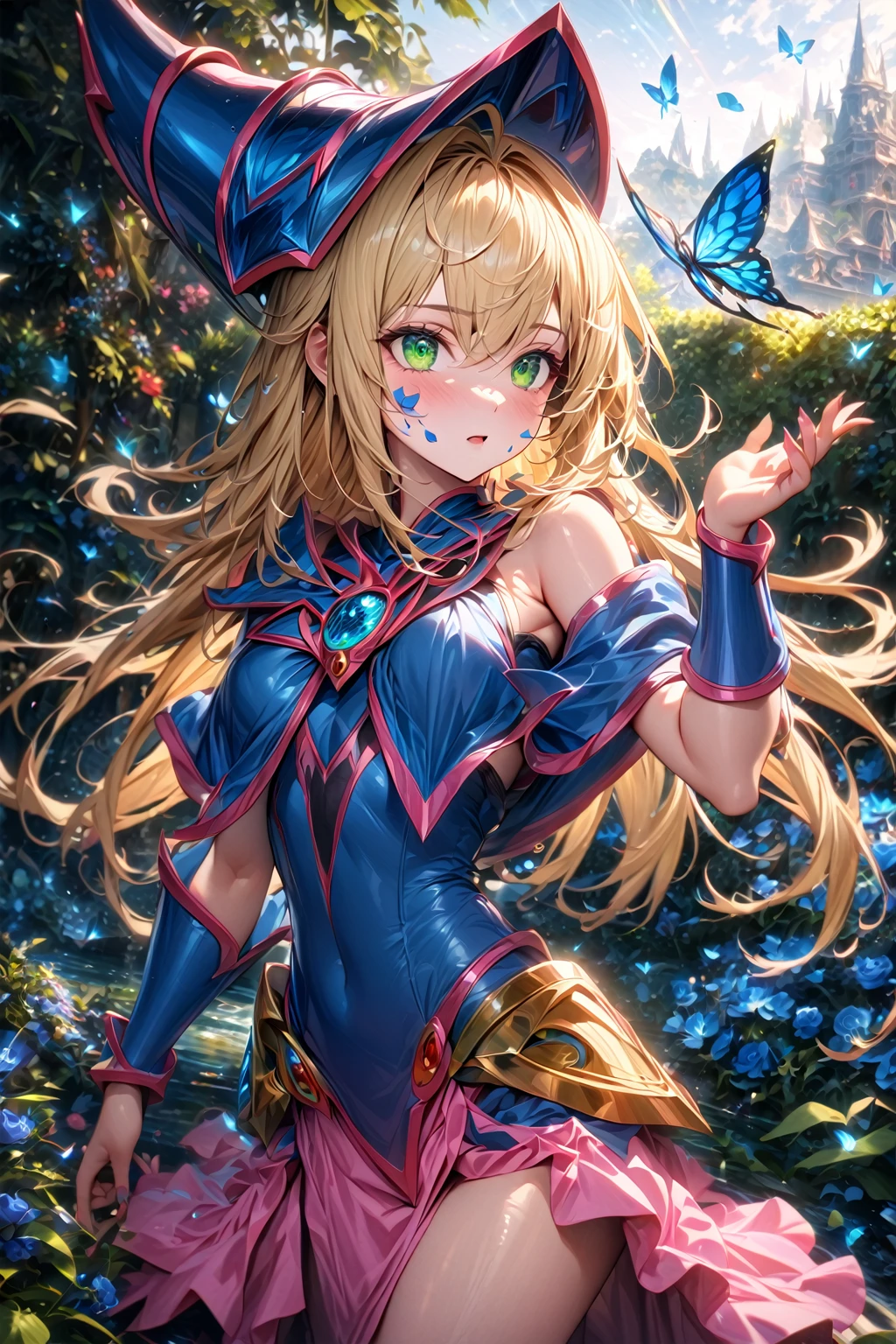 absurdres, highres, ultra detailed, HDR, master piece, best quality, extremely detailed, detailed eyes, detailed face, Dark Magician Girl, blonde hair,, expressive green eyes, Yu-Gi-Oh!, solo, woman, beautiful, blue clothes with pink, magical, fantasy, garden, blue butterflies, blue flowers, blue petals, water, magic, powers