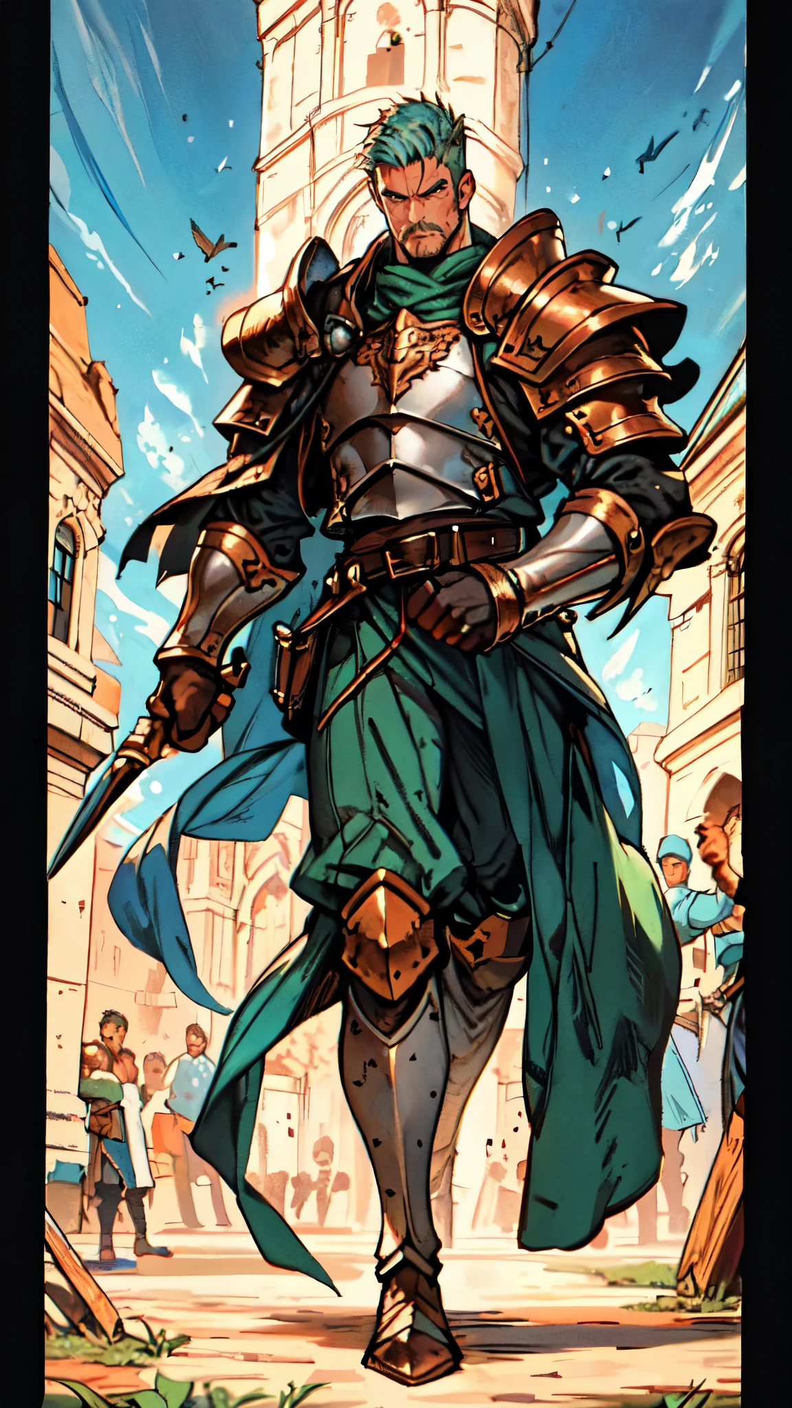 (masterpiece:1.2, best quality:1.2, extremely delicate:1.2), ((male:1.5)), a middle-aged man with spiky blue short hair, mustaches on his upper lip, a dignified long face, wise eyes, a fantasy martial arts-style green half-draped long robe, blue and white armor underneath, a large belt with a dragon-head emblem, his hands are wrapped in bandages, cloth pants, metal knee guards, tall boots, standing on the city wall gazing into the distance, this character embodies a finely crafted fantasy martial arts style general in anime style, exquisite and mature manga art style, dramatic, high definition, highres, ultra-detailed, ultra-fine painting, professional, perfect body proportions, golden ratio, anatomically correct, symmetrical face, extremely detailed eyes and face, high quality eyes, creativity, RAW photo, UHD, 32k, Natural light, cinematic lighting, (masterpiece-anatomy-perfect:1.2)