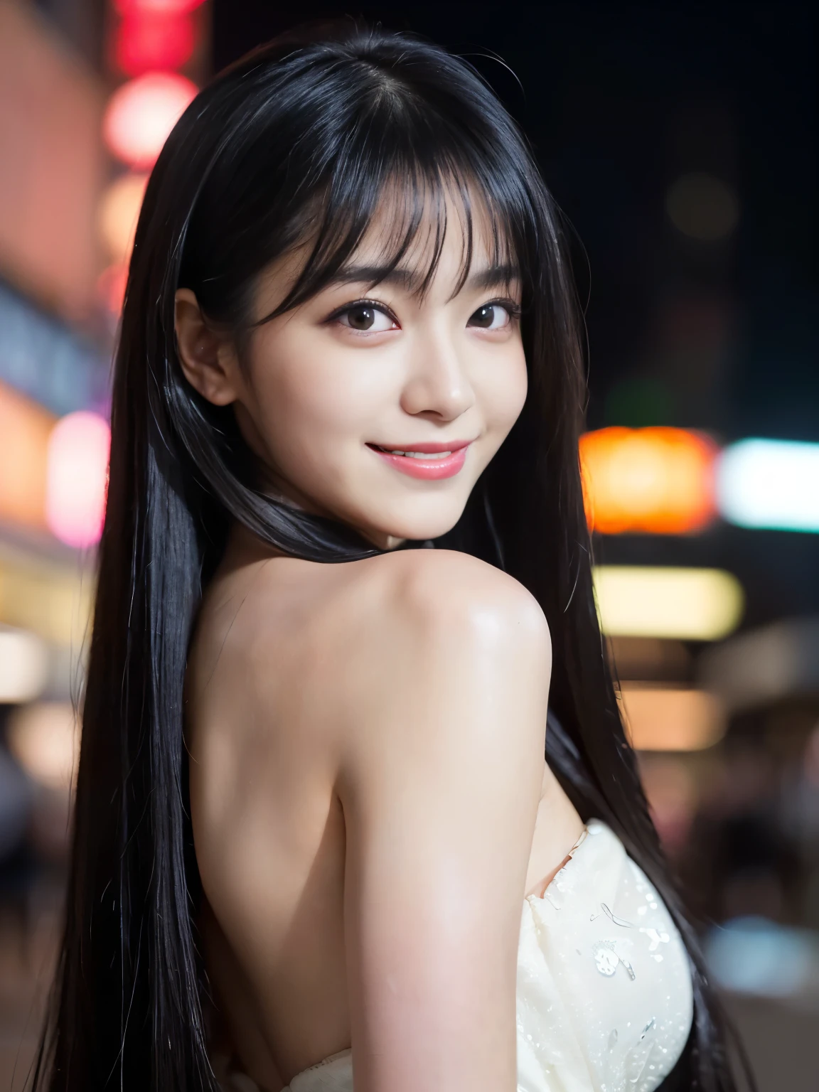 (highest quality, 32k, High resolution, masterpiece:1.5, ), marimo_jet, Impressive photographs in abstract style, Evokes a sense of calming serenity and elusive beauty, Very Rich emotional expression, Have a rich imagination, Beautiful Japanese Girl, whole bodyフルショット, Very beautiful face, Shiny black hair, Shiny, super long, straight silk hair, Asymmetrical bangs, Hair between the eyes, Beautiful thin and fine eyebrows, Magical big eyes, Moist black eyes, Smooth and clear white skin, Pale pink detailed lips, Natural Makeup, Rich emotional expression, Overflowing Motherhood, With love, (A kind smile:1.4), (Black silk dress:1.2), High resolutionの美しい太もも, (whole body:1.3), The rooftop of the tallest building, city illumination, Detailed full moon and starry sky, Beautiful moonlight, Professional Lighting, Professional Photographer, Professional Model