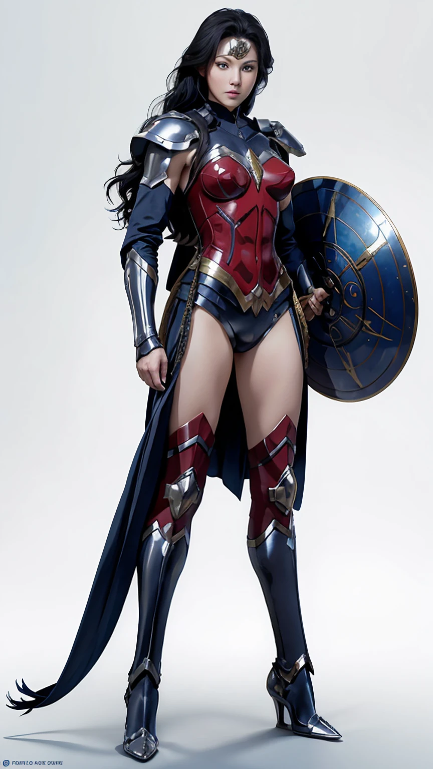 ((full body photo, standing, feet on the ground)) Wonder Woman A warrior with blue eyes, wearing armor, white background, arms shows
