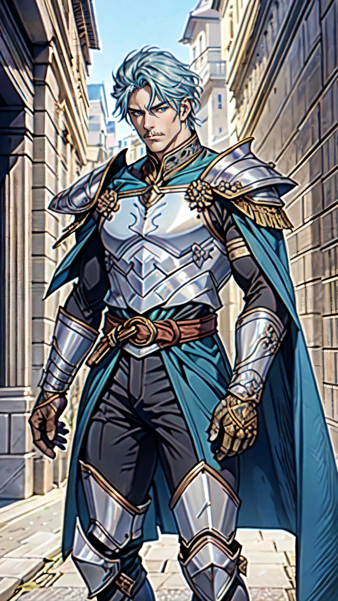 (masterpiece:1.2, best quality:1.2, extremely delicate:1.2), ((male:1.5)), a middle-aged man with spiky blue short hair, mustaches on his upper lip, a dignified long face, wise eyes, a fantasy martial arts-style green half-draped long robe, blue and white armor underneath, a large belt with a dragon-head emblem, his hands are wrapped in bandages, cloth pants, metal knee guards, tall boots, standing on the city wall gazing into the distance, this character embodies a finely crafted fantasy martial arts style general in anime style, exquisite and mature manga art style, dramatic, high definition, highres, ultra-detailed, ultra-fine painting, professional, perfect body proportions, golden ratio, anatomically correct, symmetrical face, extremely detailed eyes and face, high quality eyes, creativity, RAW photo, UHD, 32k, Natural light, cinematic lighting, (masterpiece-anatomy-perfect:1.2)